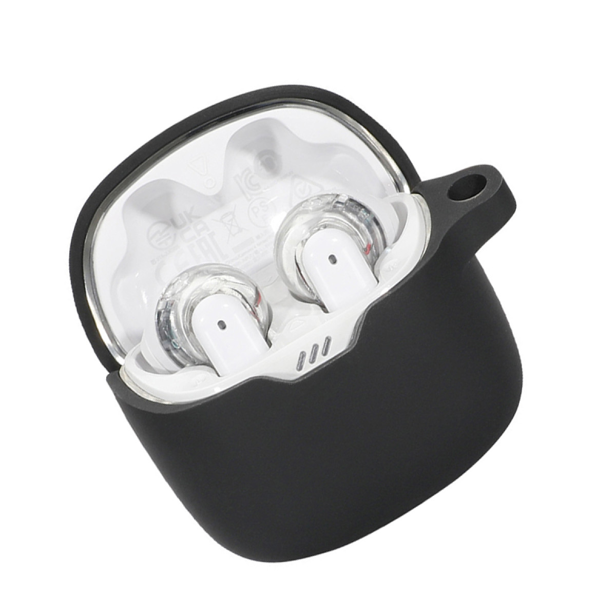 Schwarzes Etui mit weißen Ohrhörern, auf weißem Hintergrund.