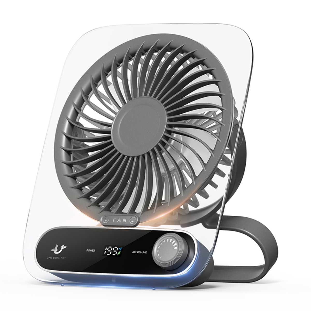 Grauer und durchsichtiger Ventilator mit Digitalanzeige und Bedienelementen auf weißem Hintergrund.