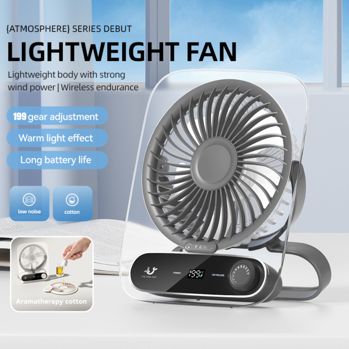 Weiß-grauer Ventilator mit Text: Leichter Ventilator. Außerdem hat er 199 Gangeinstellung und lange Akkulaufzeit.