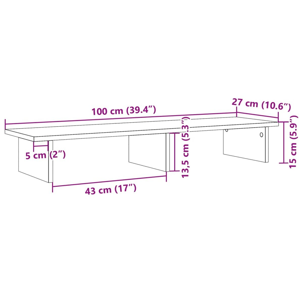Holzregal mit Maßen, auf weißem Hintergrund. Text: 100 cm, 27 cm, 15 cm, 43 cm, 5 cm.