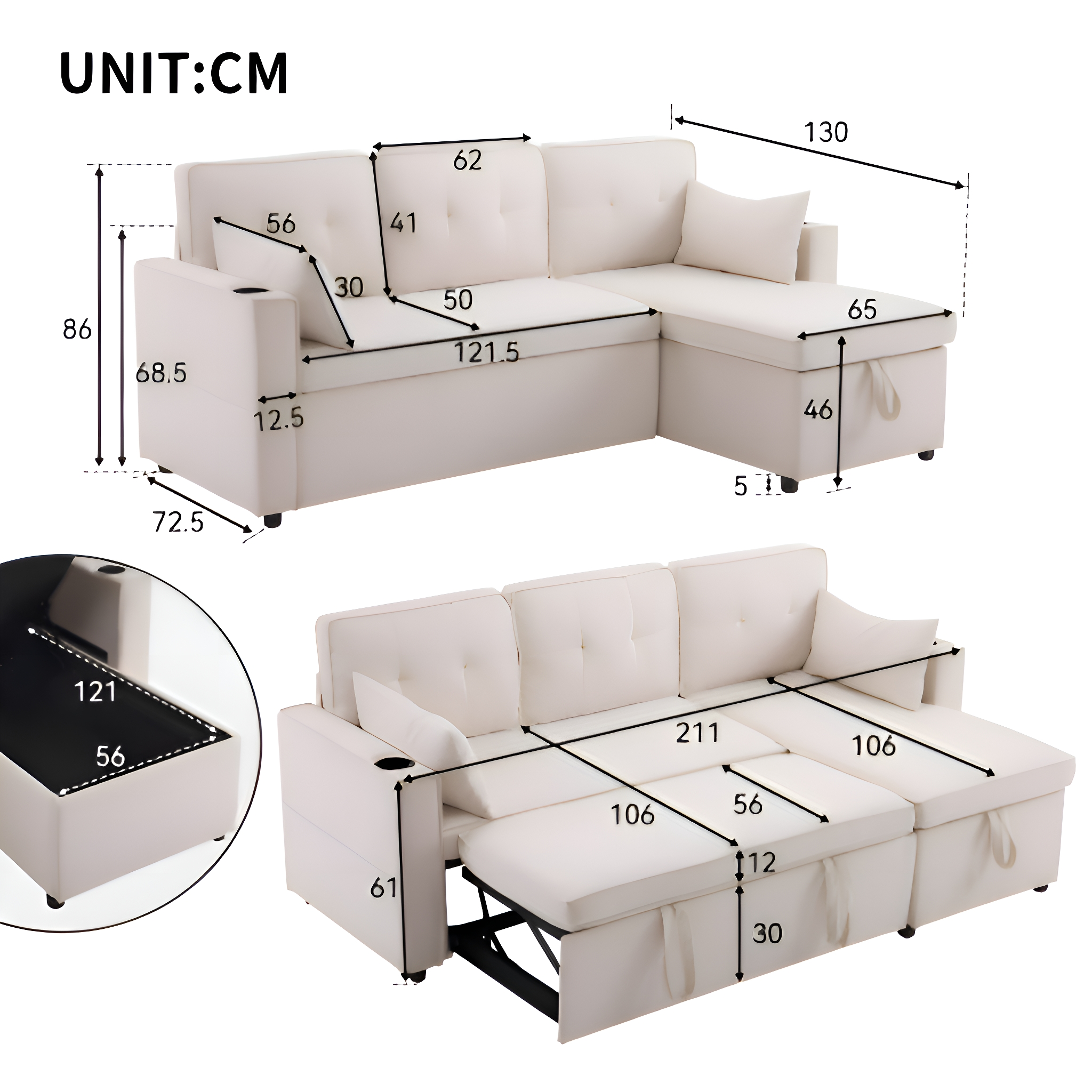 Beiges L-förmiges Sofa mit Maßen. Inklusive Getränkehalter und Staufach.