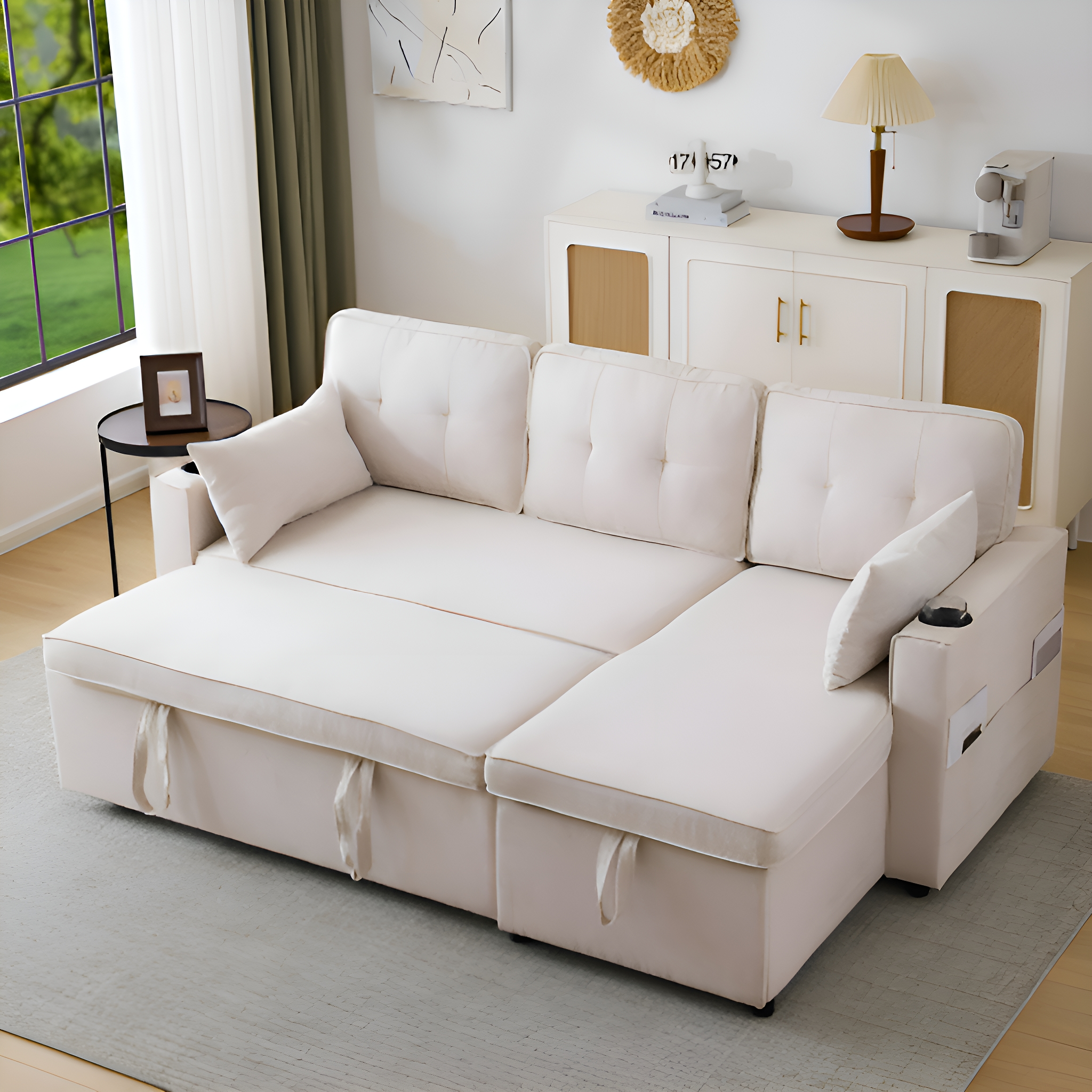 Weißes Ecksofa mit Stauraum auf hellgrauem Teppich.