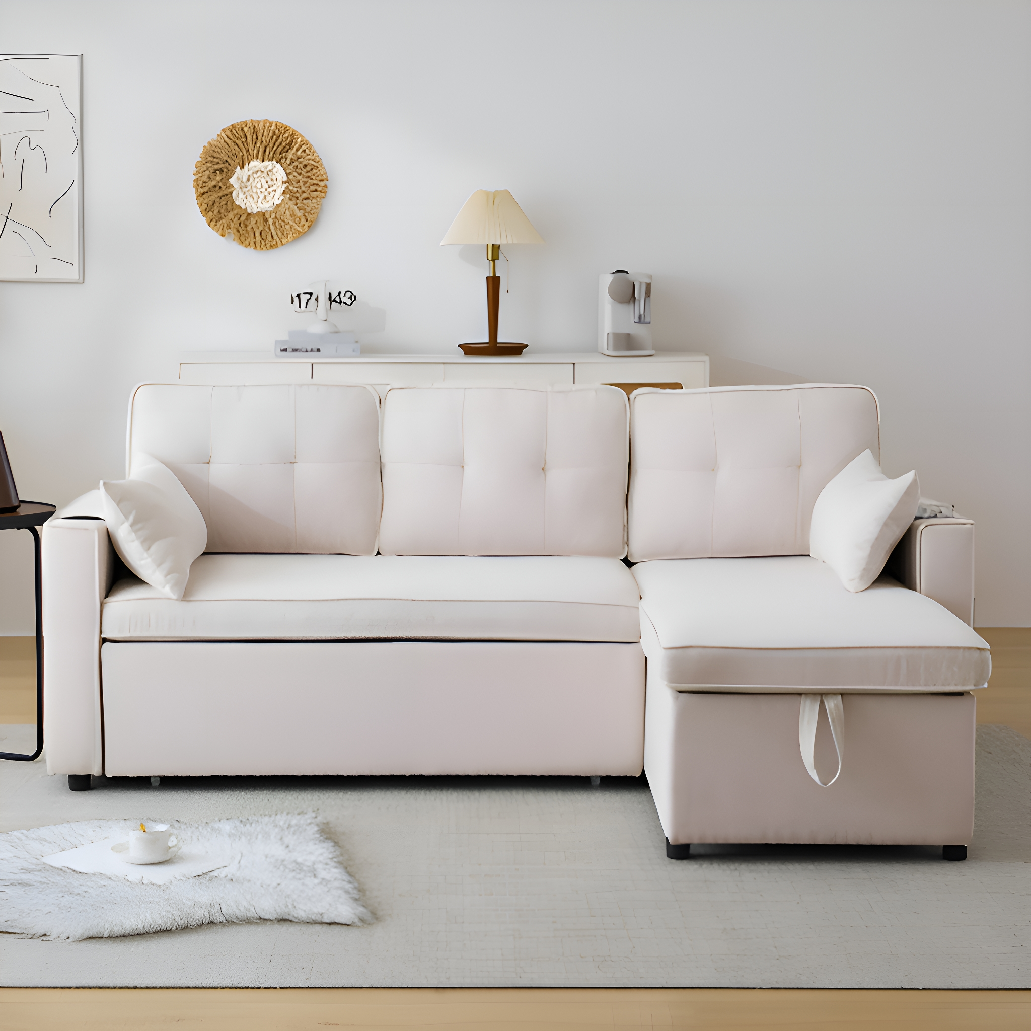 Cremefarbenes Ecksofa. Es hat eine Chaiselongue auf der rechten Seite. Weiße Wand, Deko und Lampe sind sichtbar.