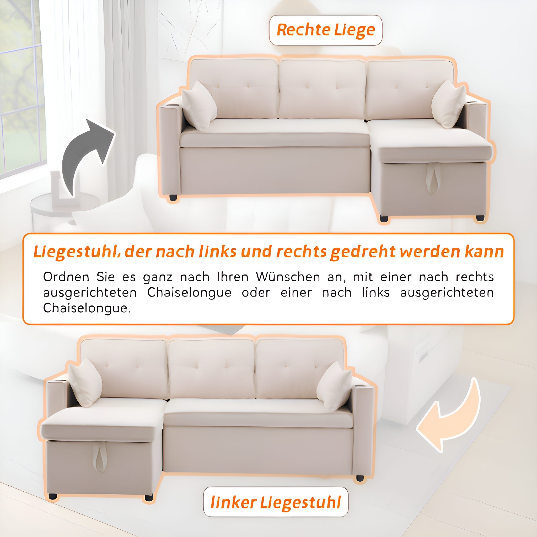 Beiges Ecksofa mit Optionen für linke oder rechte Chaiselongue-Konfigurationen.