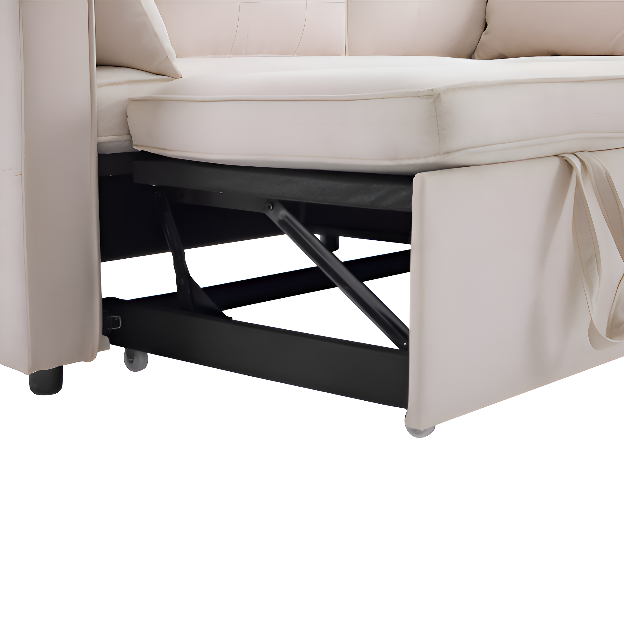 Ein Schlafsofa mit Ausziehmechanismus. Der Rahmen und die Räder sind sichtbar. Es ist cremefarben.