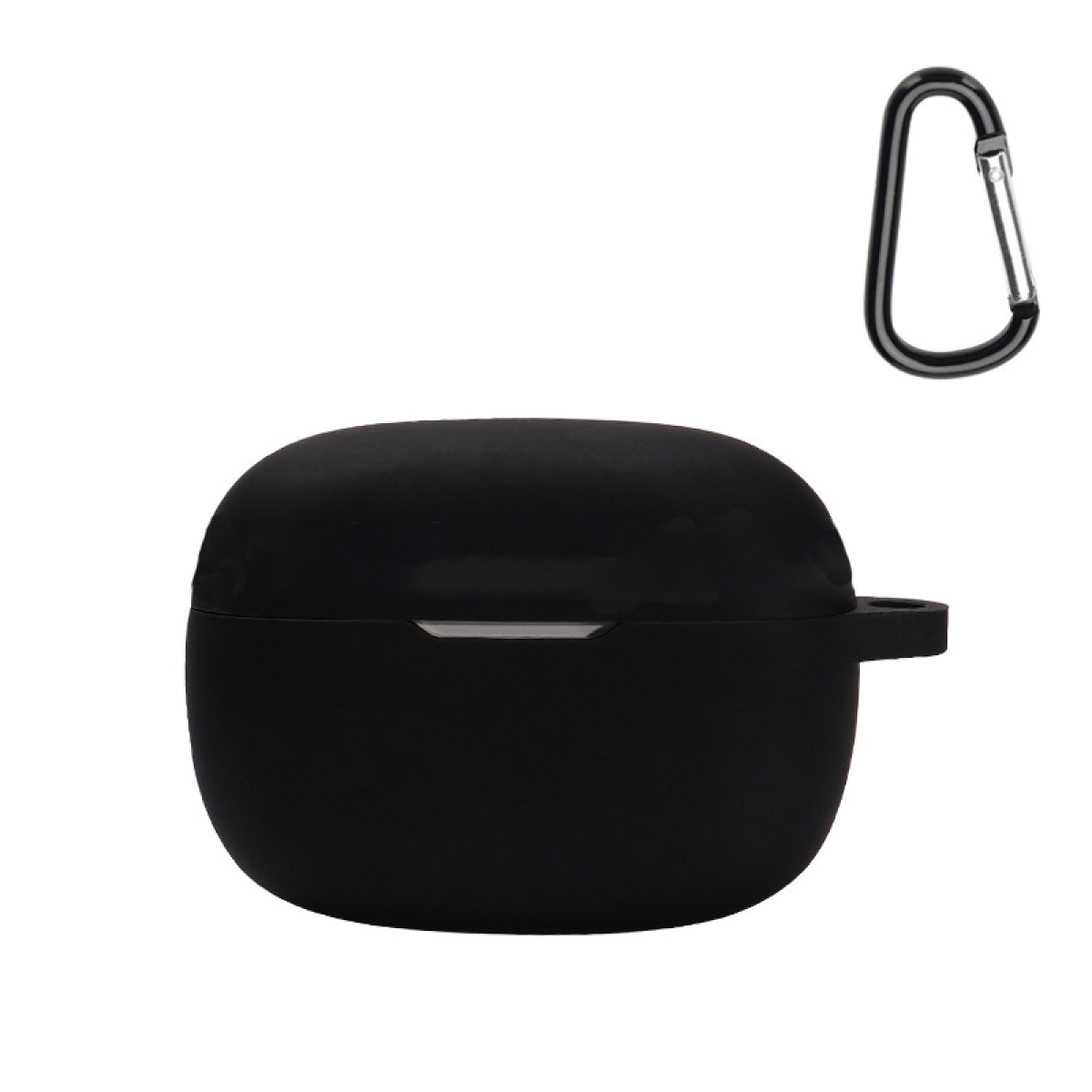 Schwarzes Kopfhörer-Etui mit Karabinerhaken. Weißer Hintergrund.