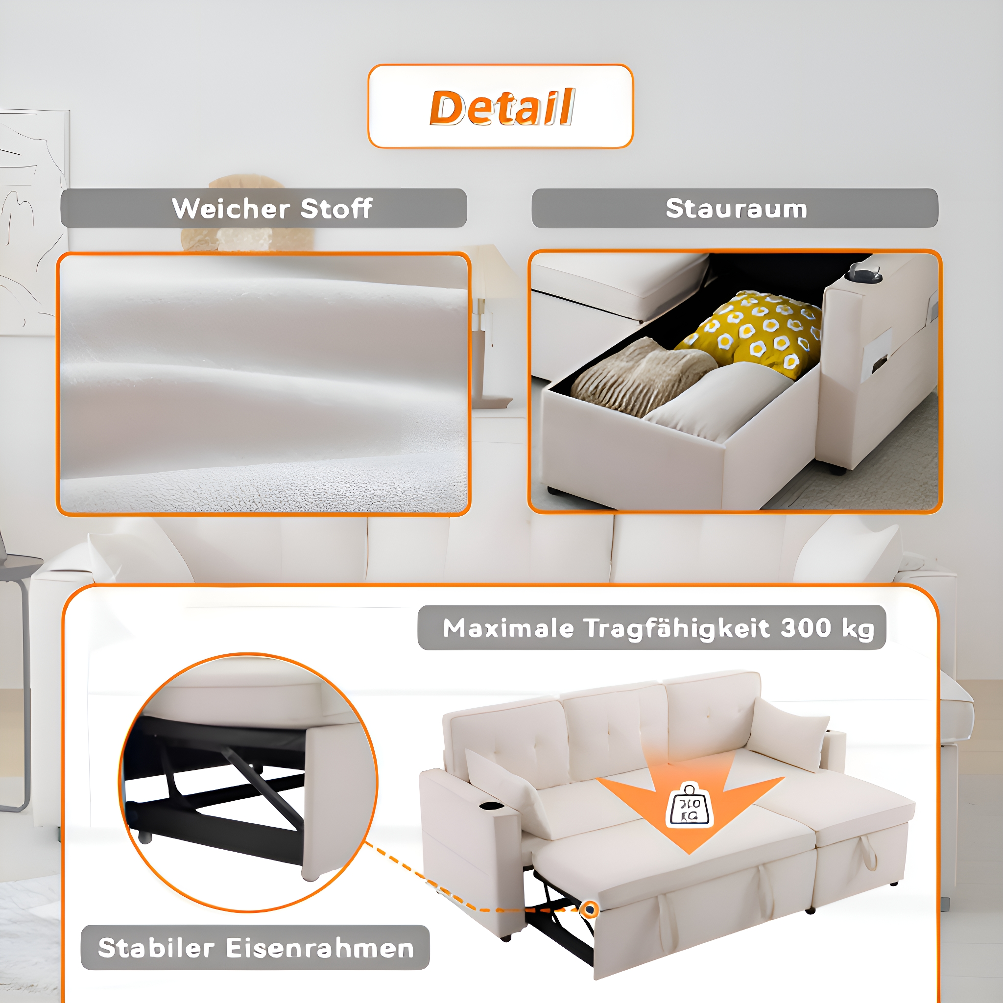 Weißes Sofa mit Stauraum. Details: weicher Stoff, Stauraum und stabiler Eisenrahmen.
