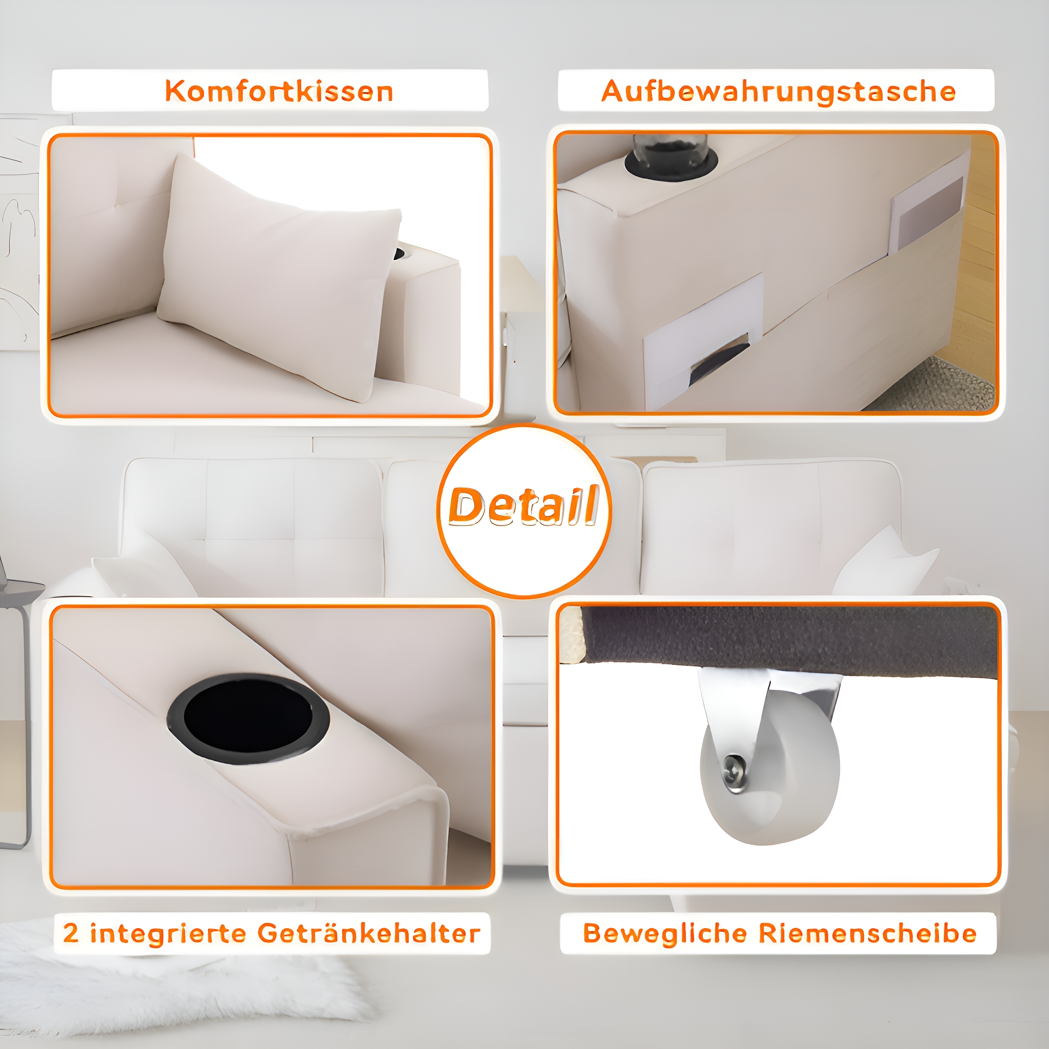 Details eines weißen Sofas: Kissen, Getränkehalter, Rollen und Aufbewahrungstaschen.