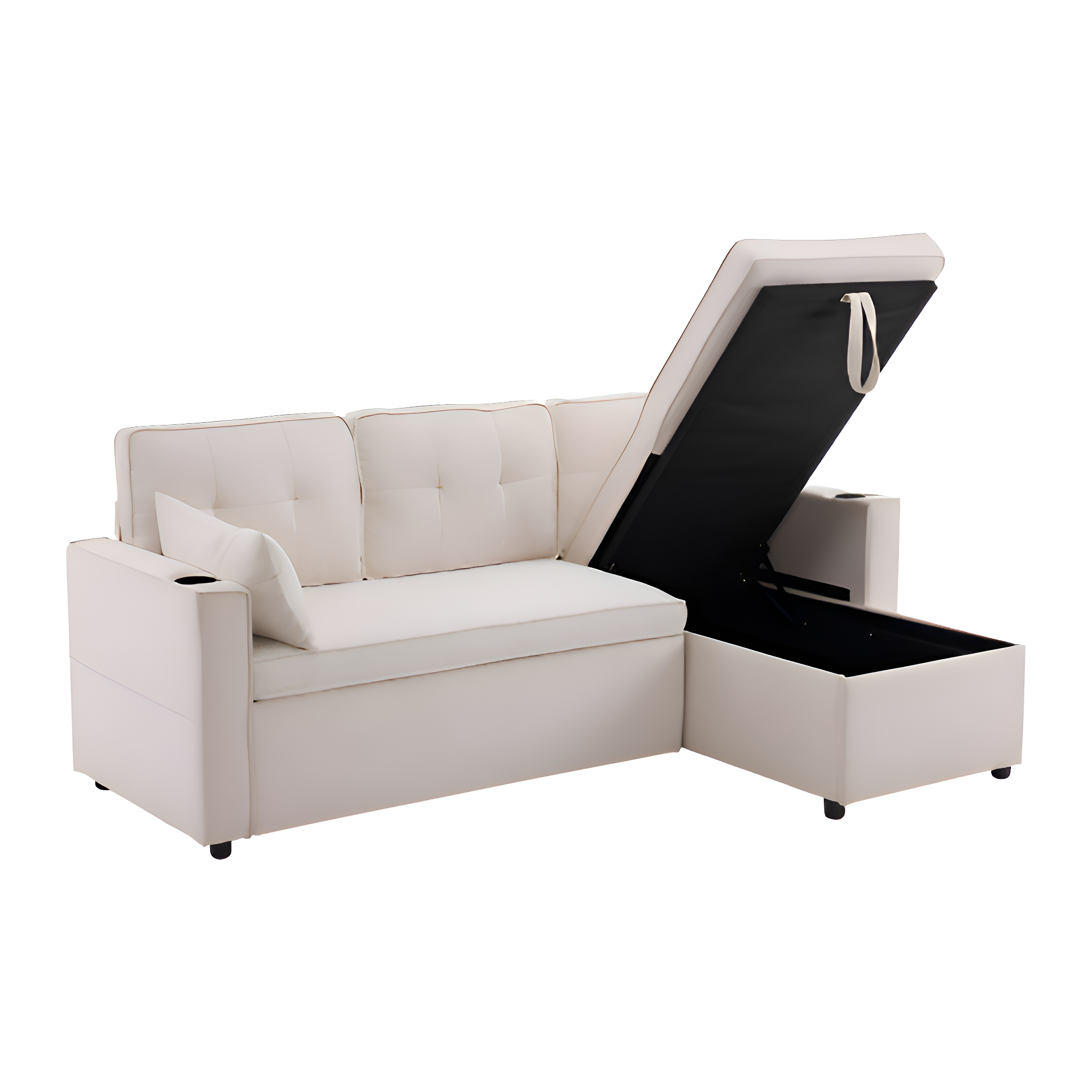 Ein weißes Ecksofa mit geöffnetem Stauraum. Auf der Armlehne befindet sich ein Getränkehalter.
