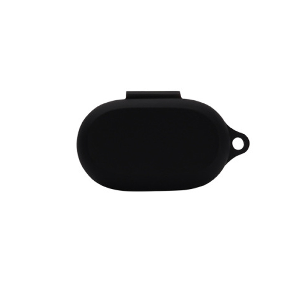 Una custodia per auricolari in silicone nero, di forma ovale, con un piccolo foro per un cinturino. Isolato su sfondo bianco.