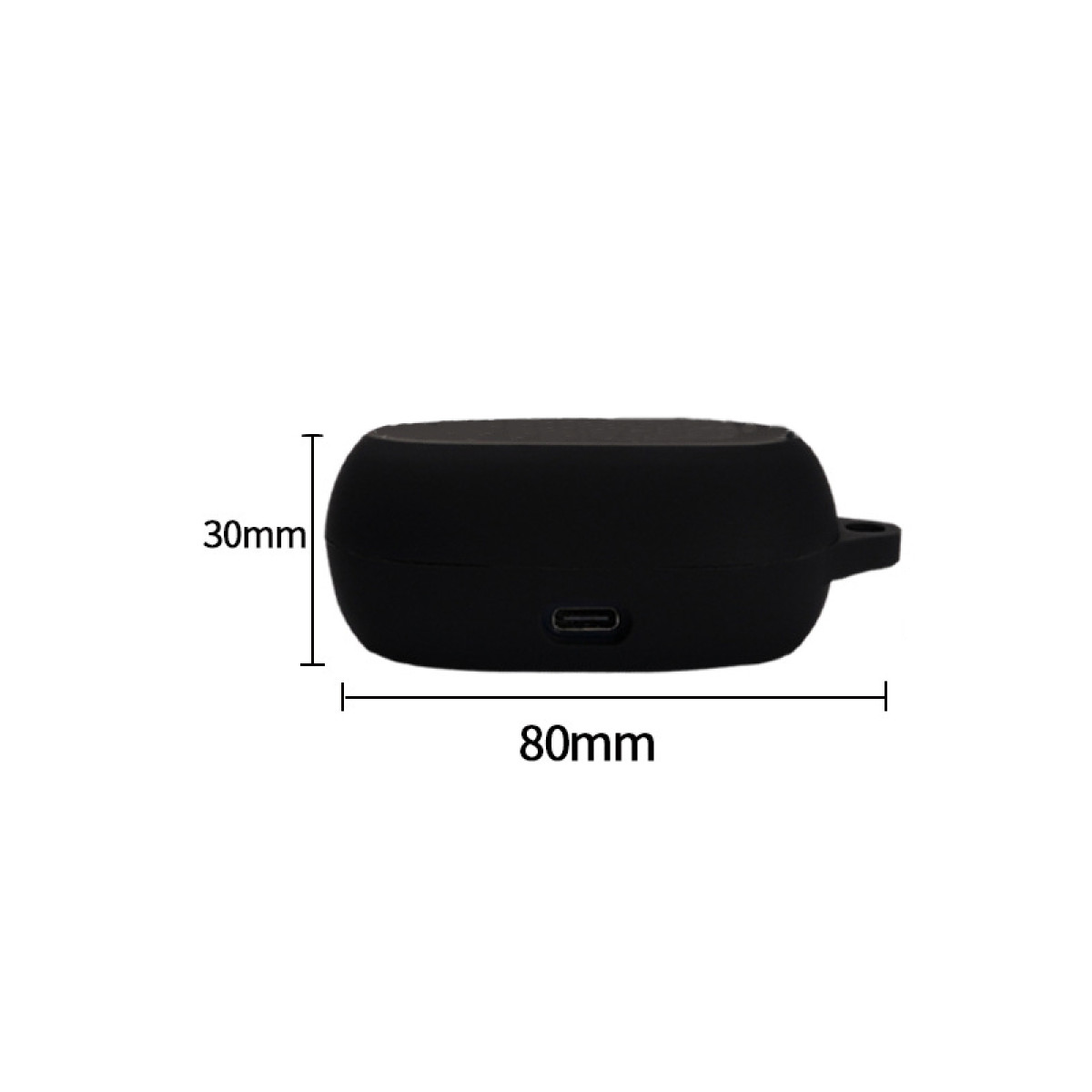 Una custodia nera a forma ovale con dimensioni: 30 mm di altezza e 80 mm di larghezza.