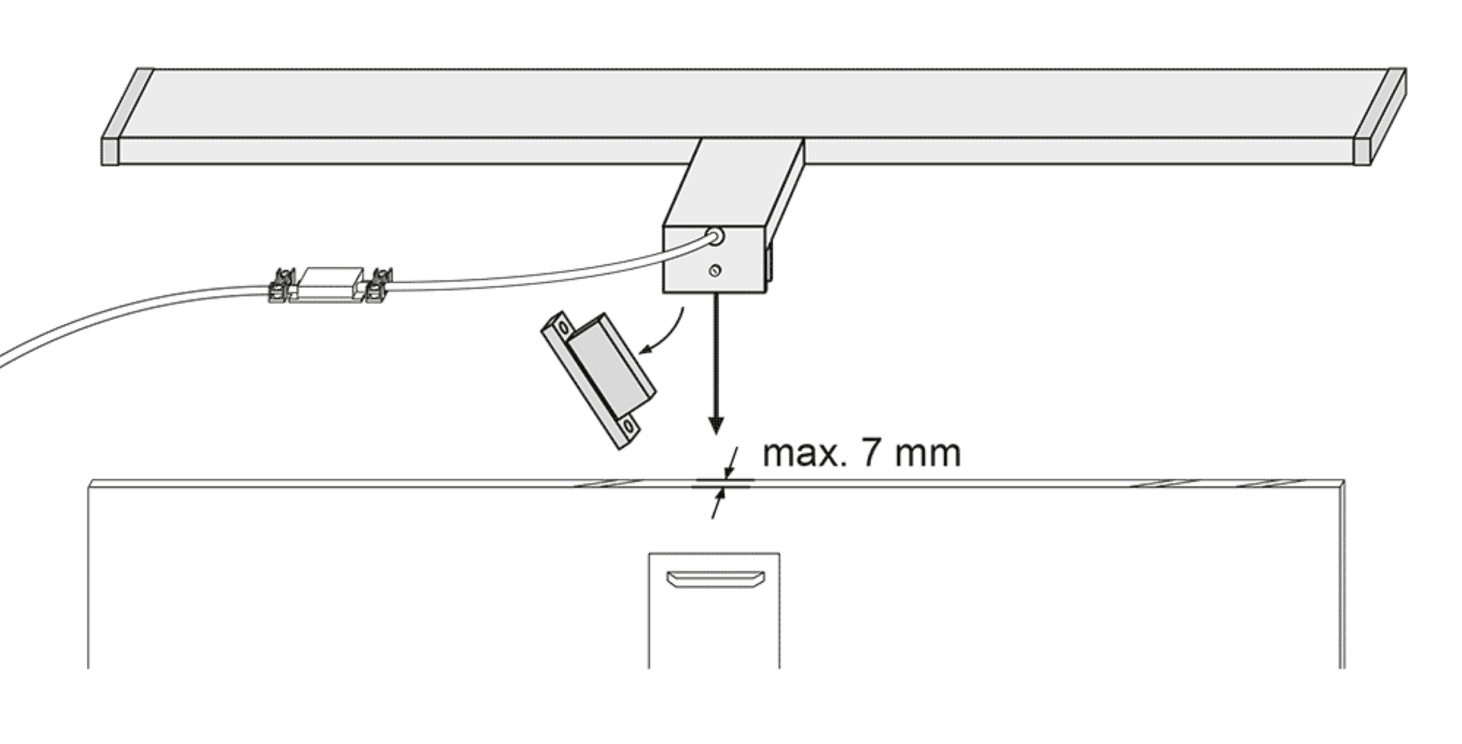 Diagramm einer Leuchteninstallation. Ein Draht verbindet eine kleine Box mit der Leuchte.