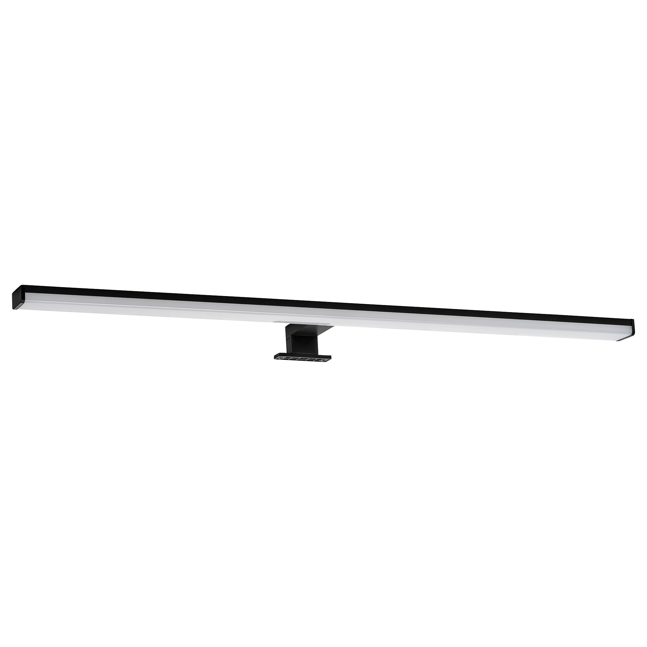 Lange schwarze LED-Leuchte, montiert auf weißer Oberfläche. Einfaches und sauberes Design.