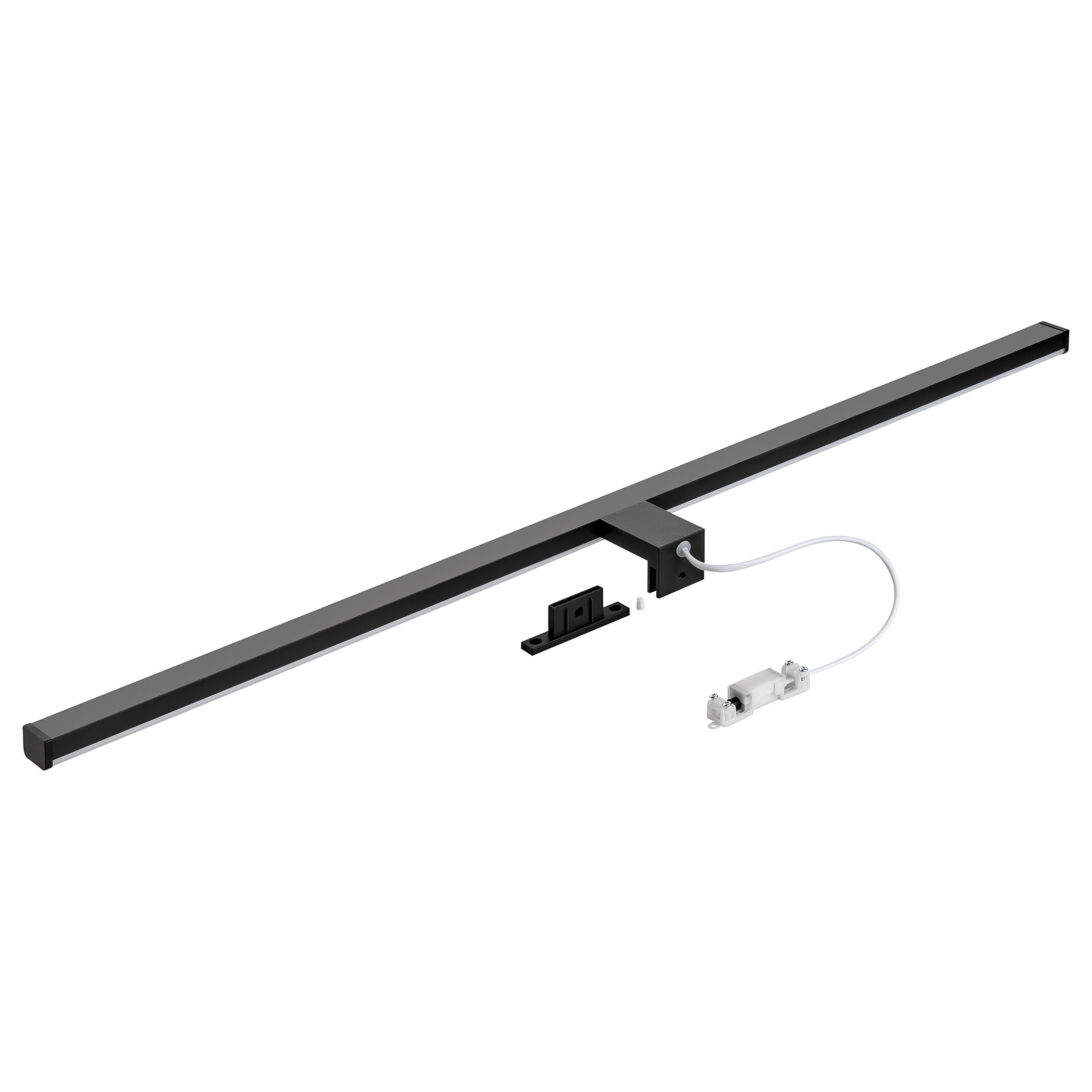 Schwarze lineare LED-Lampe, an einer Wand montiert. Kleines weißes Netzteil und Montagehalterung.