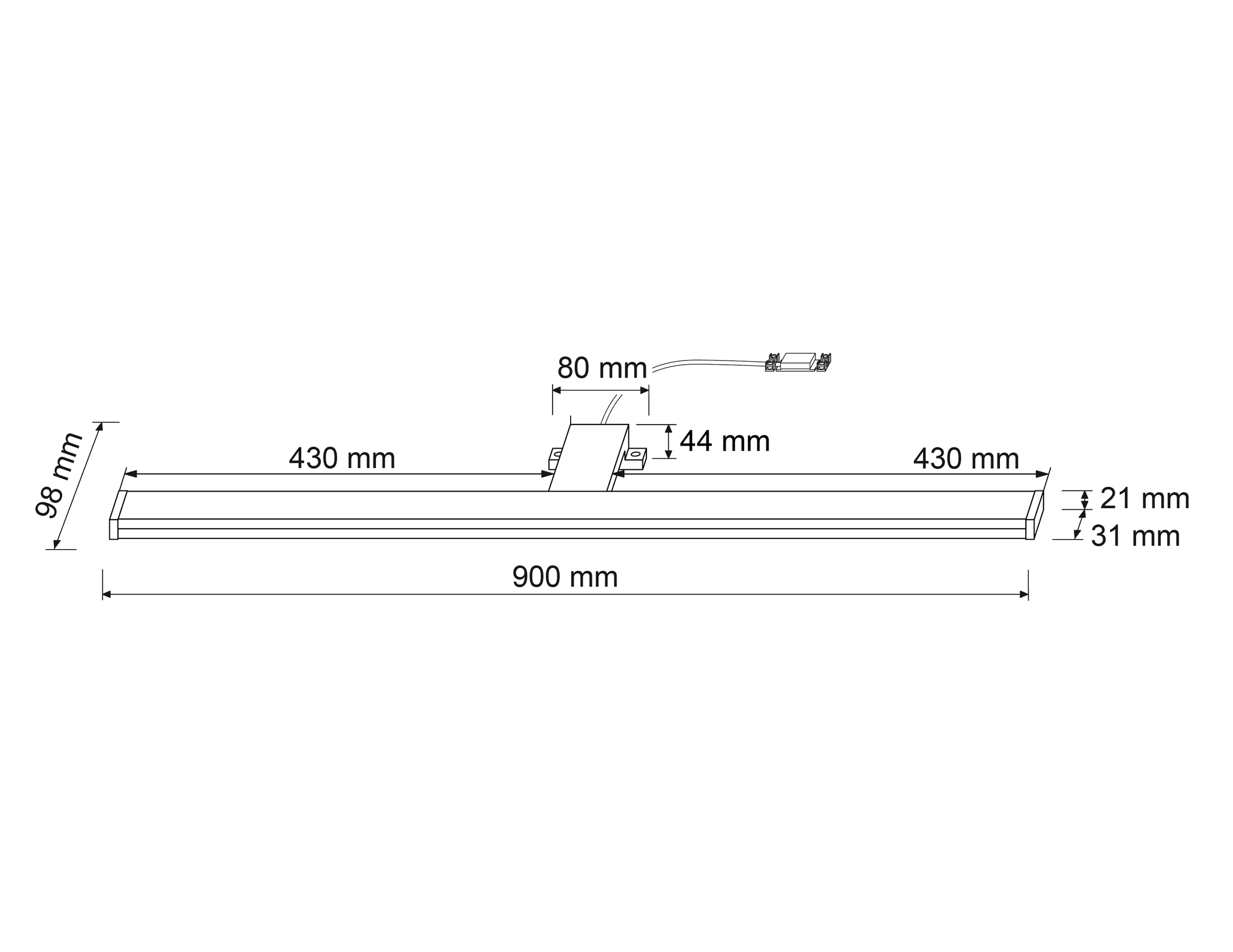 Diagramm einer linearen Leuchte mit Abmessungen in Millimetern, weißer Hintergrund.