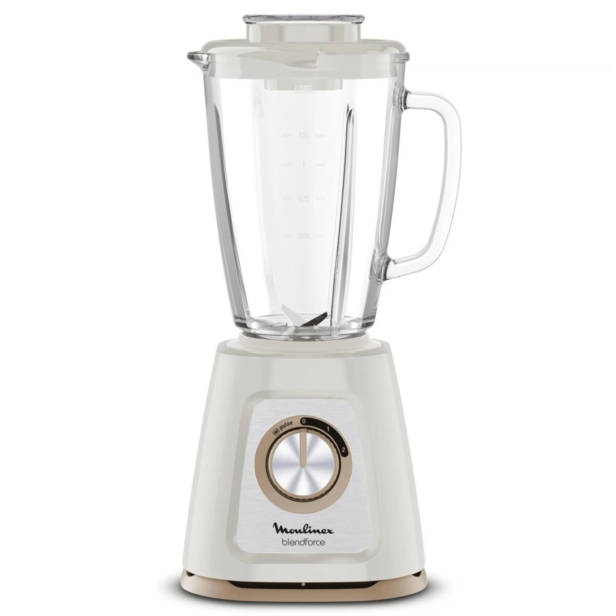 Weißer und beiger Mixer mit Glaskrug, zentralem Drehknopf und Moulinex Blendforce-Logo.