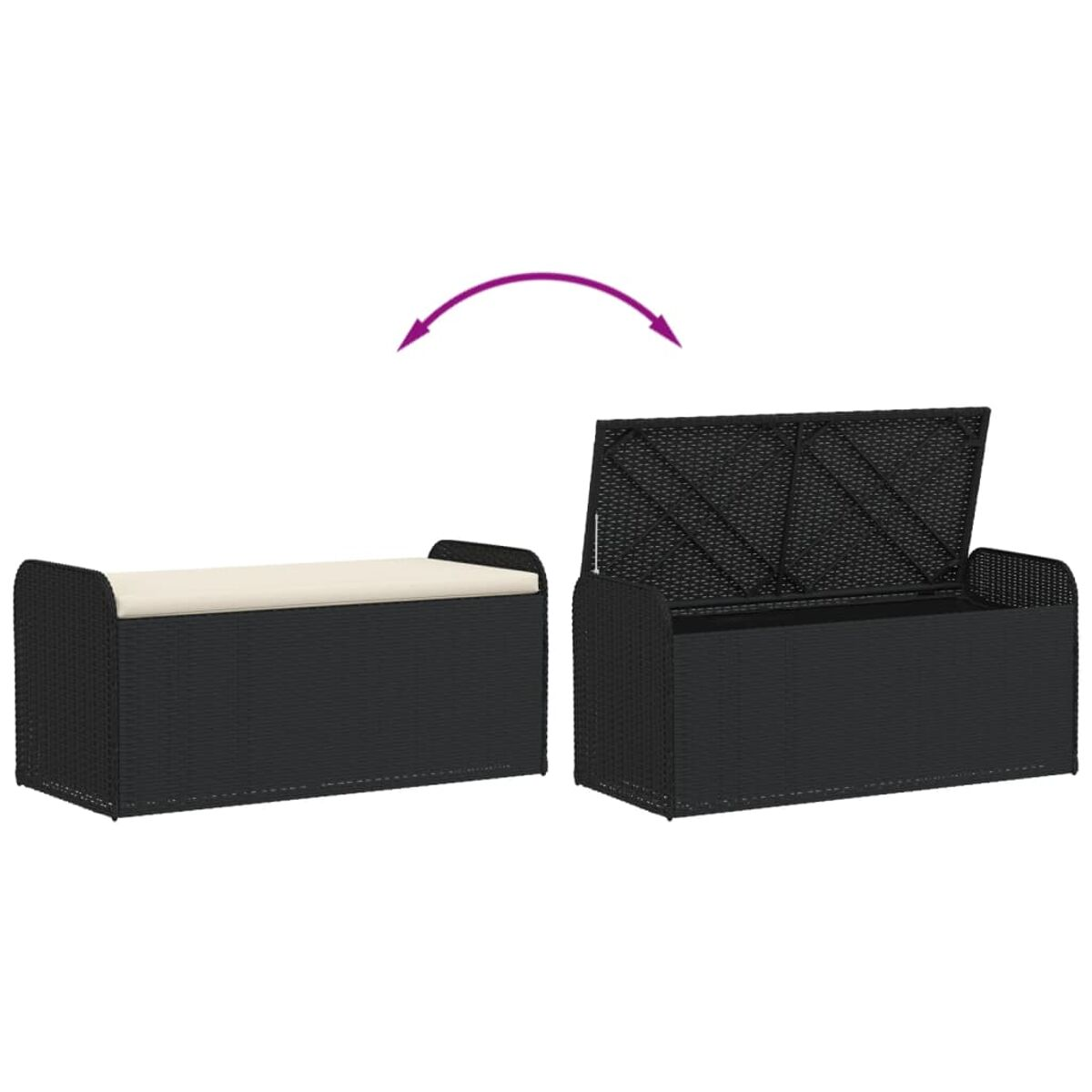 Baule in vimini nero, parzialmente aperto, che mostra spazio di archiviazione.