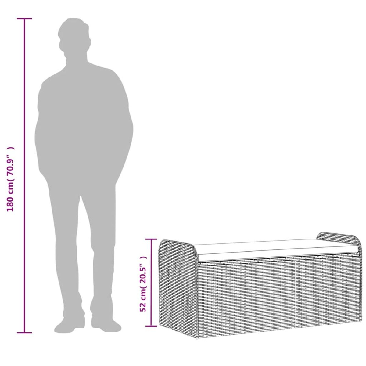 Una persona accanto a una panca in rattan. Mostra il confronto delle altezze, dimensioni in cm.