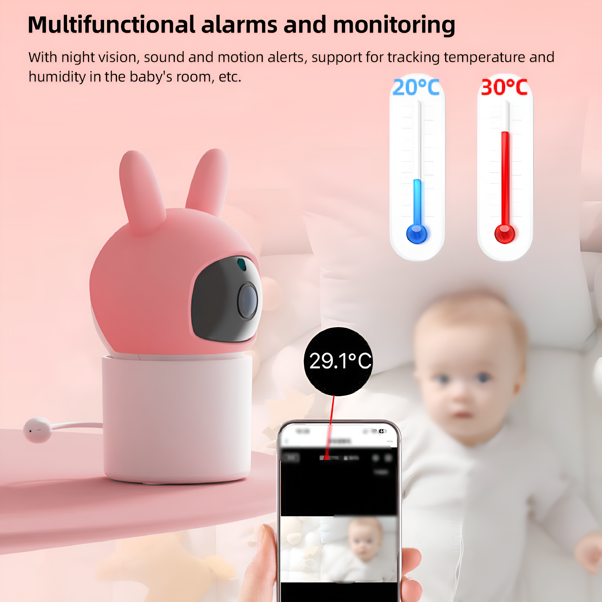 Ein pinkfarbener Baby-Monitor mit Hasen-Design und Bildschirm, der ein Baby zeigt. Thermometer zeigen Temperaturen.