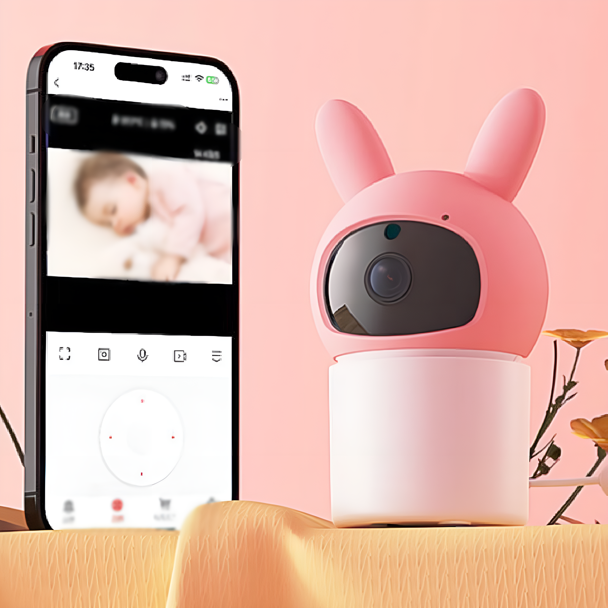 Rosa Babyphone mit Hasenohren und einem Telefon, das ein schlafendes Baby zeigt. Rosa Hintergrund.