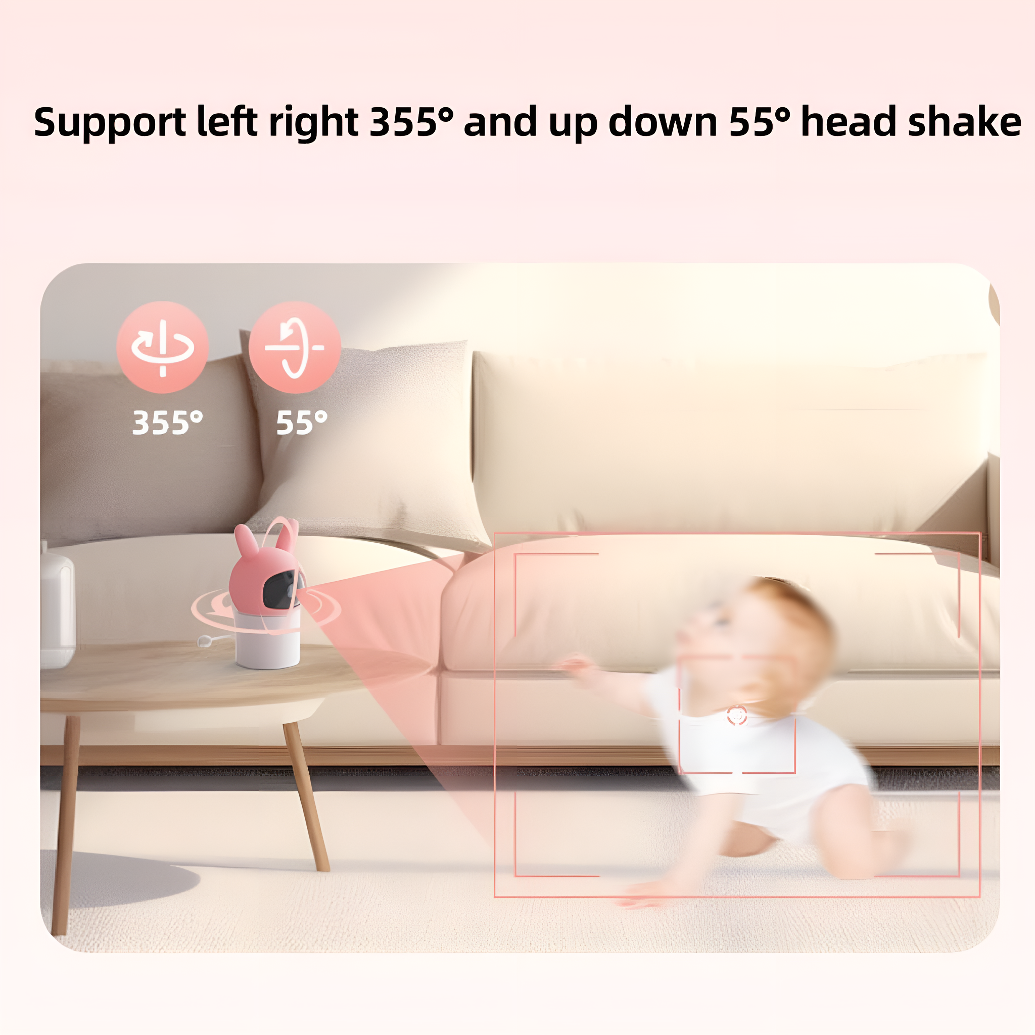 Rosa Babyphone auf dem Tisch, Baby krabbelt, Text über Kopfschwenkwinkel, Sofa im Hintergrund.