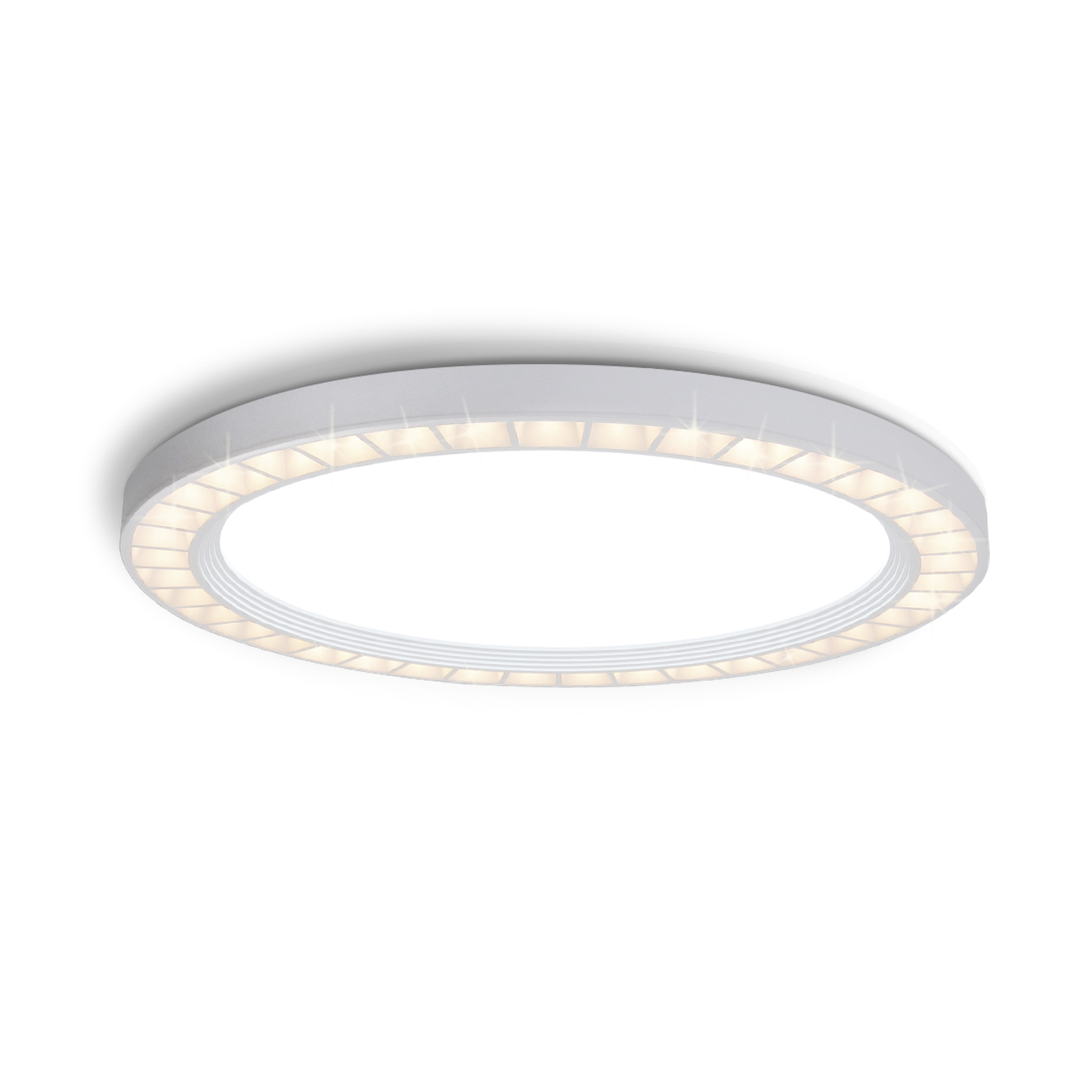 Plafoniera a LED circolare bianca. Sfondo bianco.