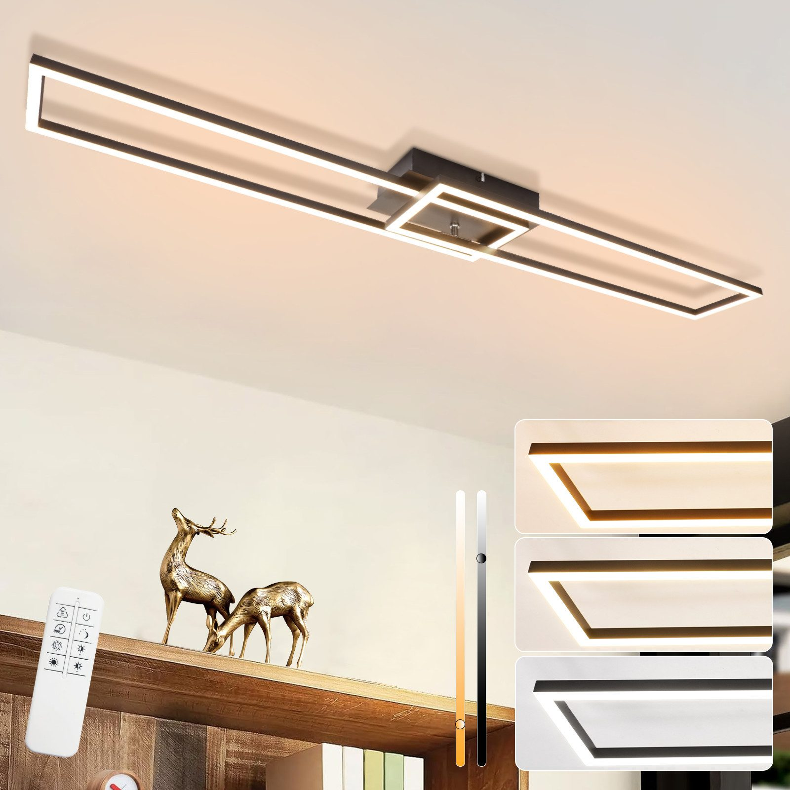 Lampada da soffitto rettangolare con tre impostazioni di luce e un telecomando. Elementi decorativi sotto.