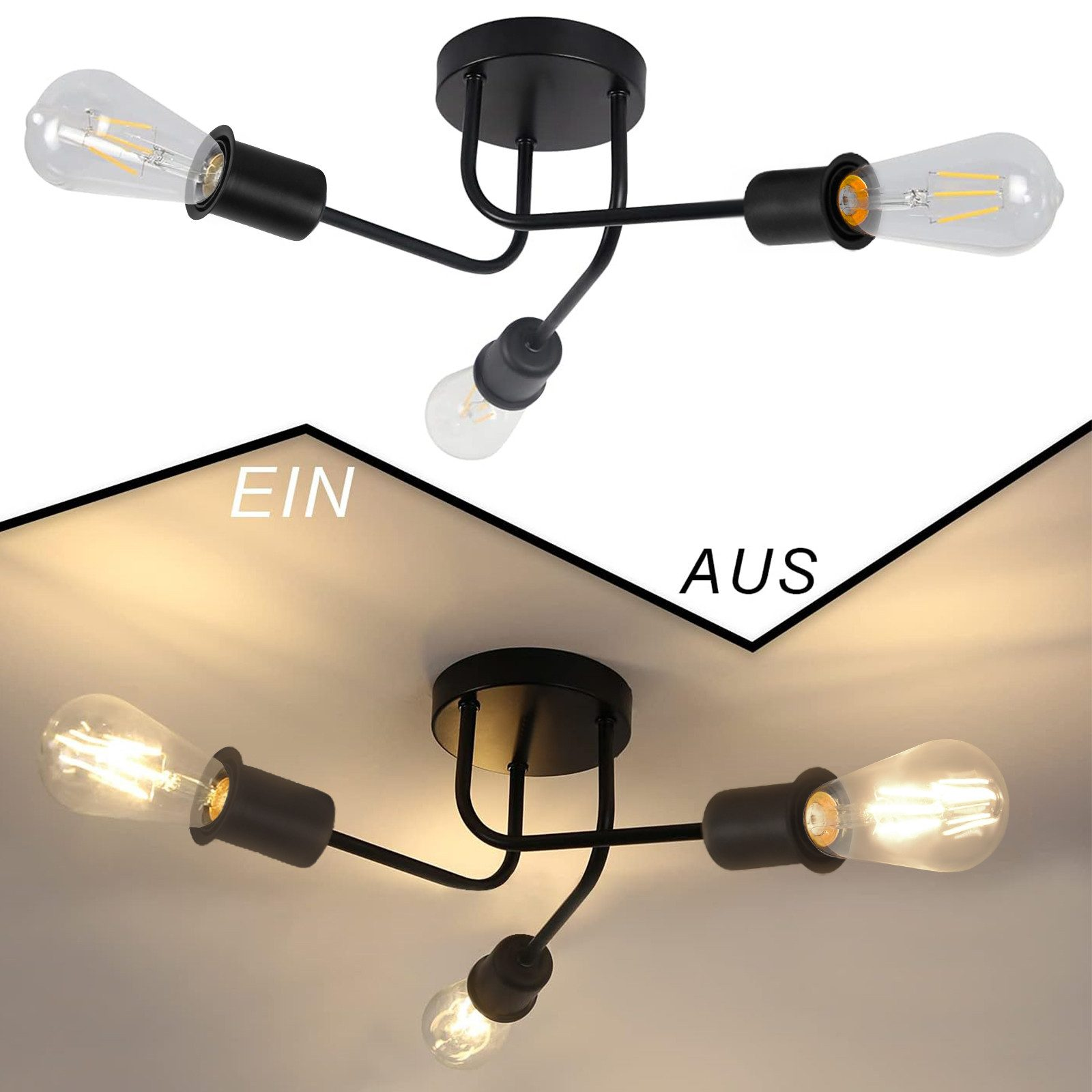 Due immagini di una lampada da soffitto nera, una accesa e una spenta.