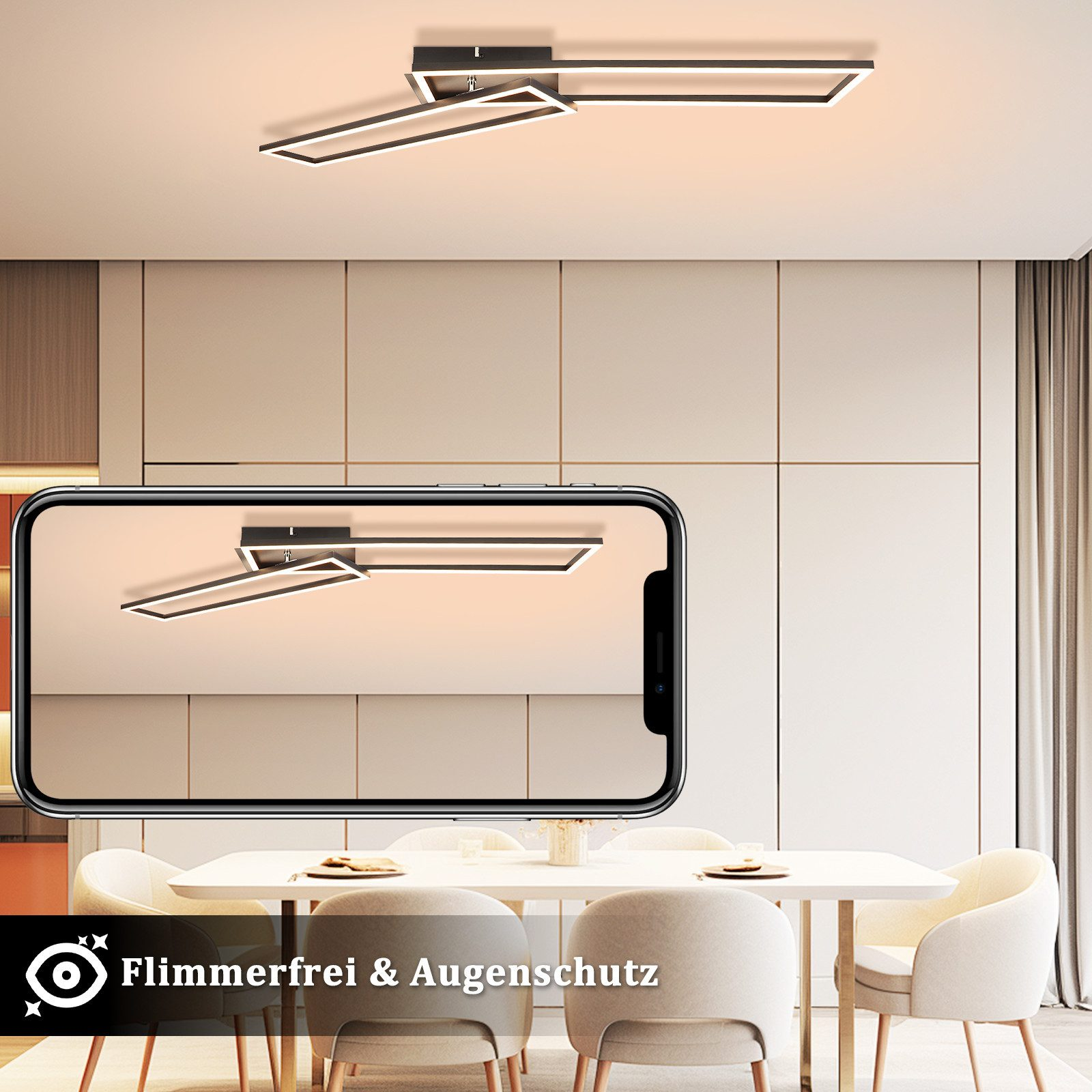 Un lampadario con sfondo bianco. La luce è rettangolare e c'è un telefono sull'immagine.