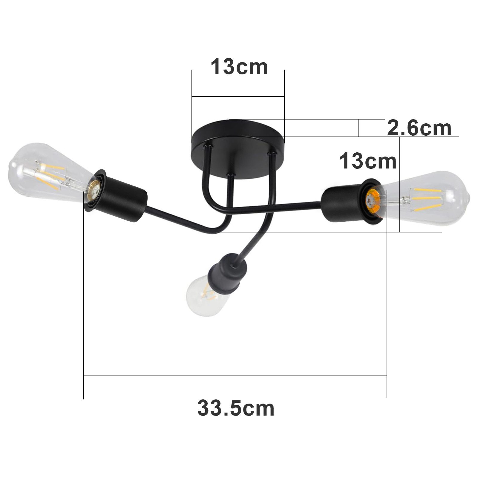 Lampada da soffitto con tre lampadine. Le misure sono indicate nell'immagine.
