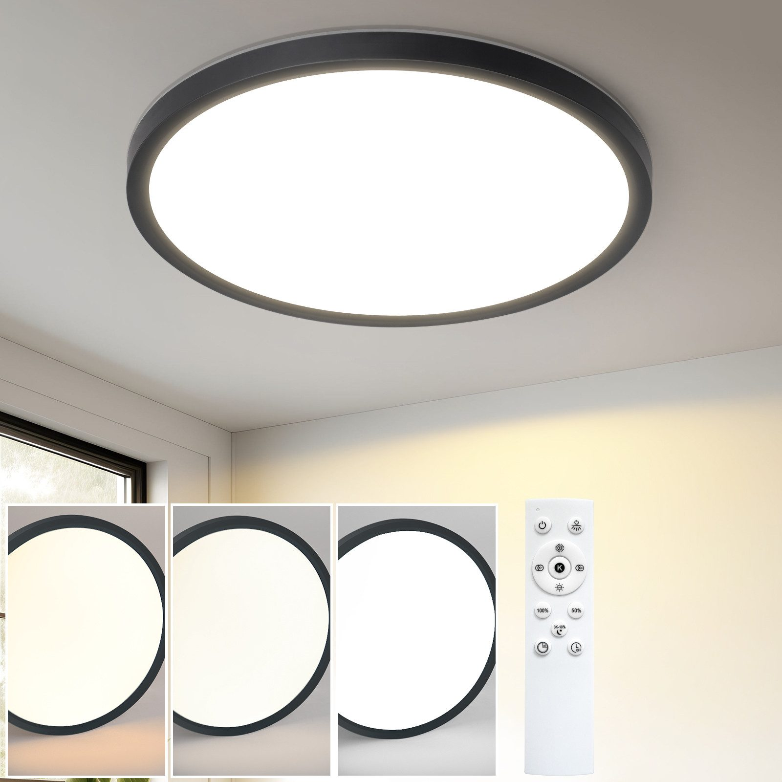 Runde LED-Deckenleuchte. Drei weitere Lichter zeigen warmes, helles und kühles Licht. Fernbedienung daneben.
