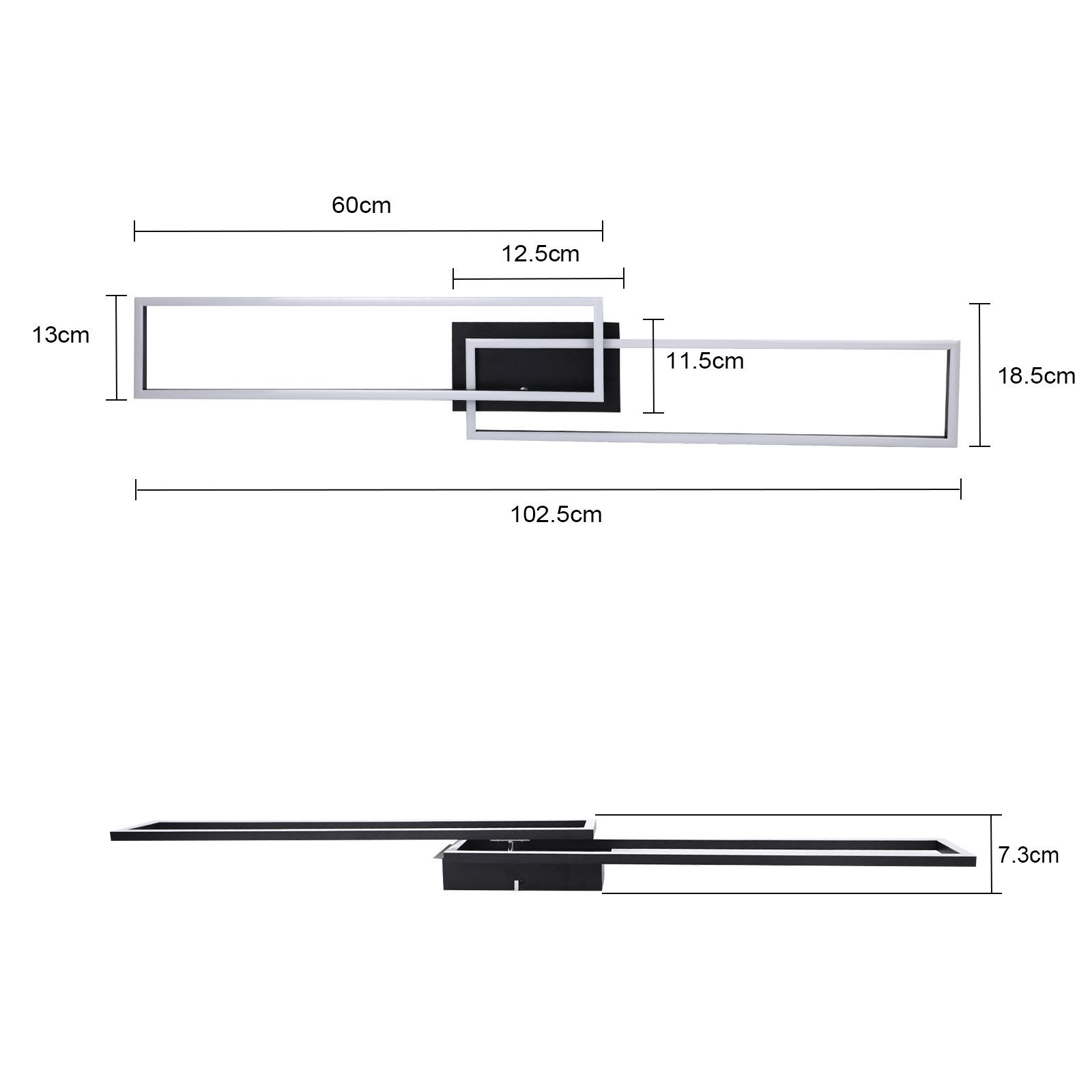 Apparecchio di illuminazione a soffitto rettangolare in due pezzi, nero e argento, con dimensioni.