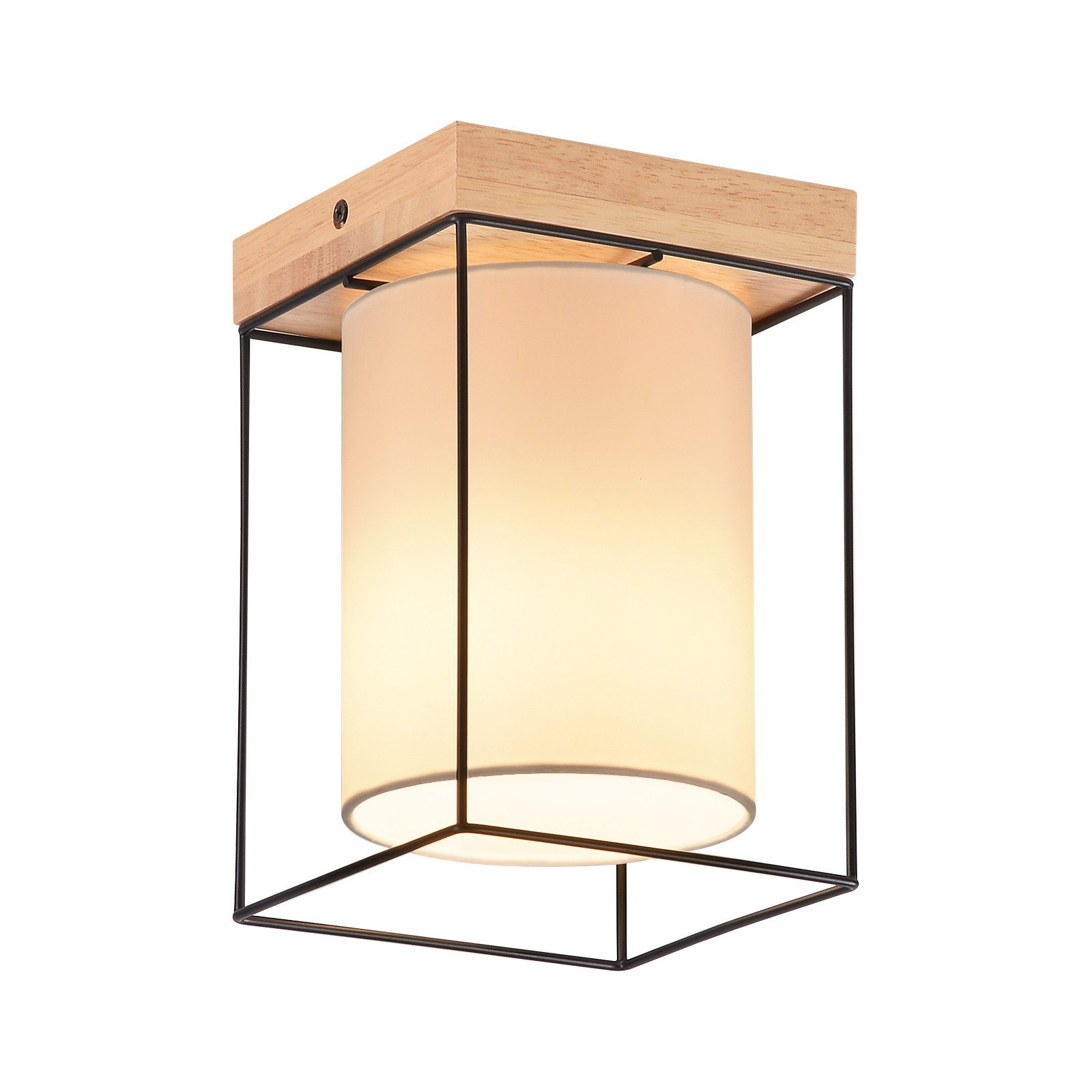 Lampada da soffitto con cornice in legno, paralume bianco e gabbia in metallo nero.