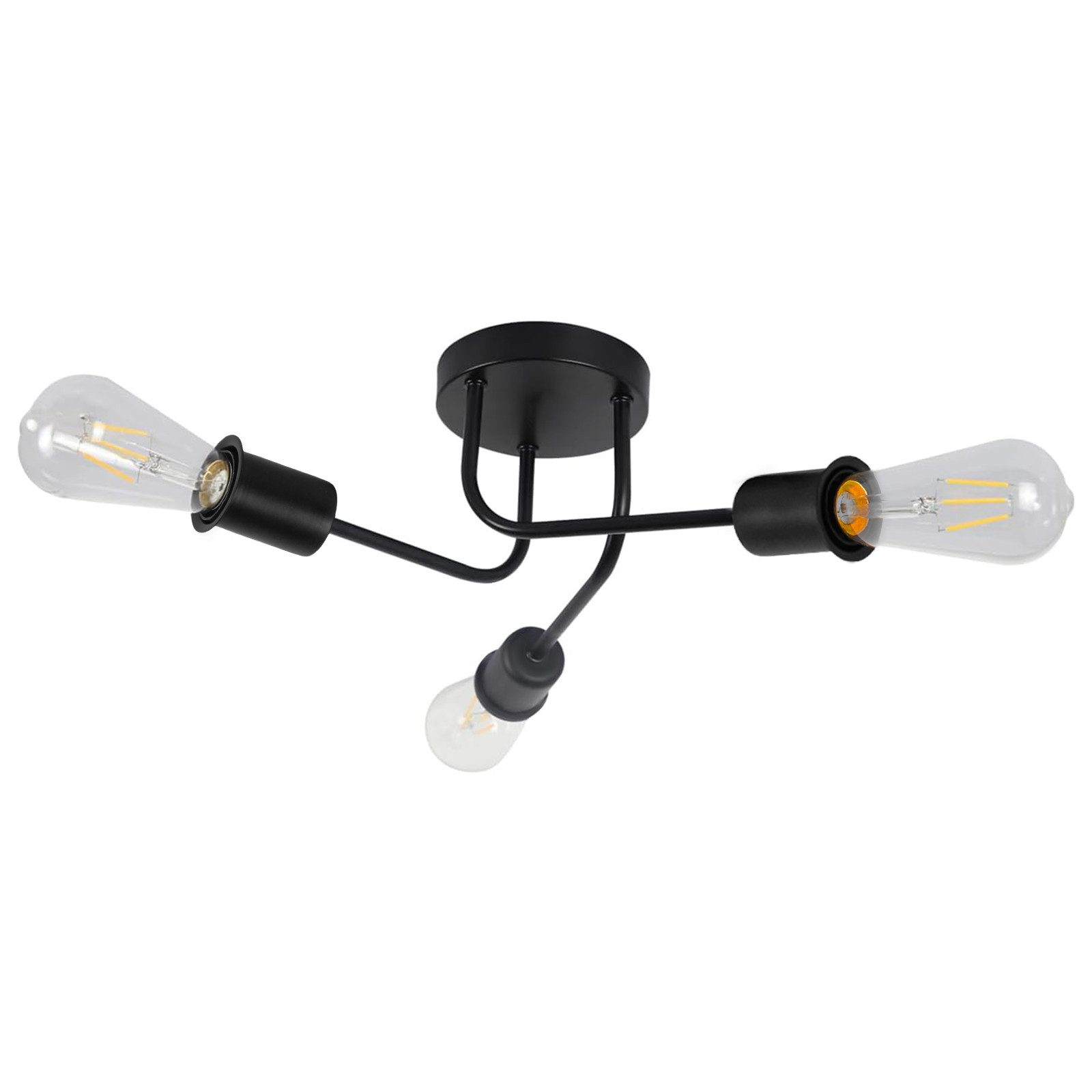 Lampada da soffitto con tre lampadine Edison. Apparecchio nero con sfondo bianco del soffitto.