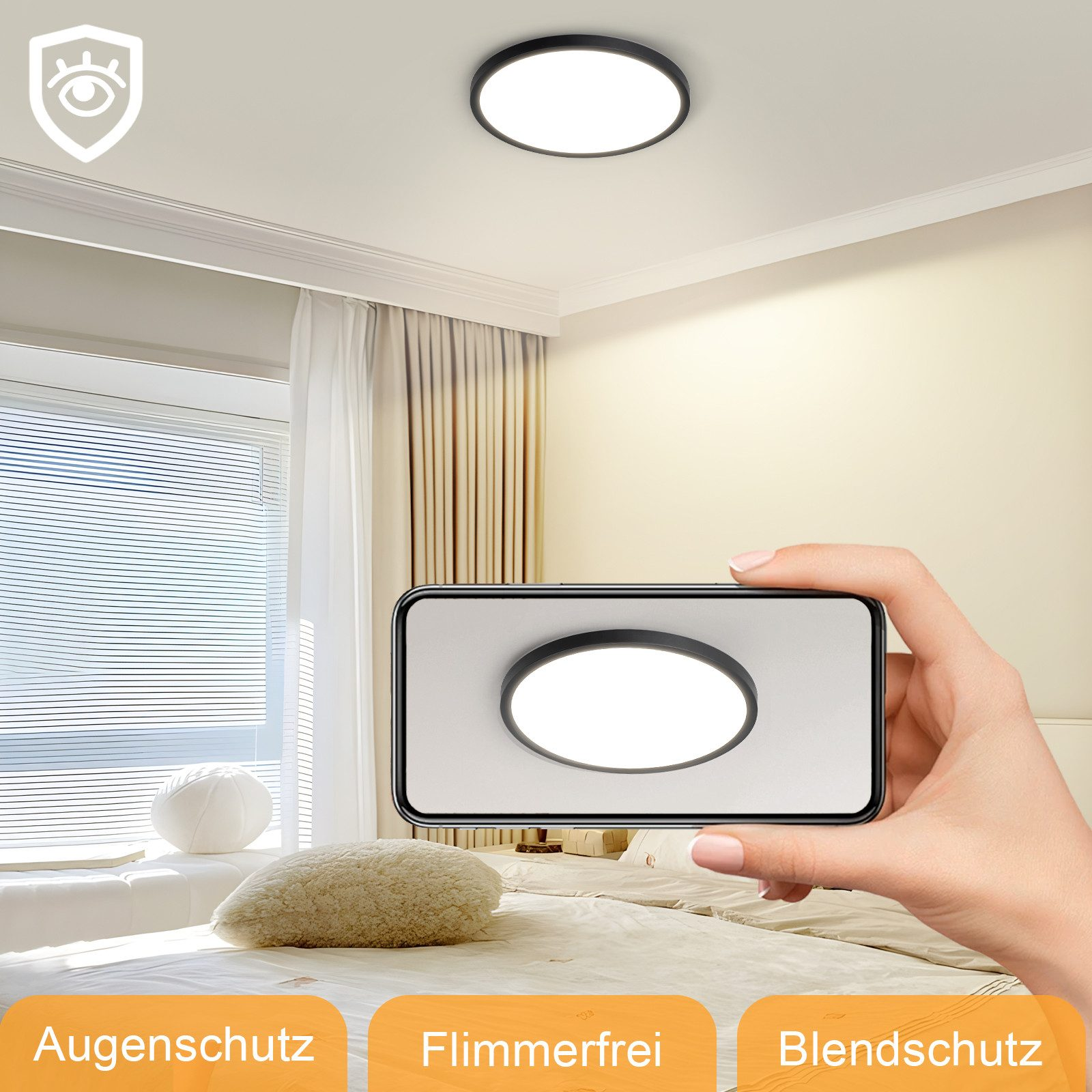 Eine Hand, die ein Telefon mit einer Deckenleuchte hält. Der Boden des Bildes zeigt Augenschutz, Flimmerfrei und Blendschutz.
