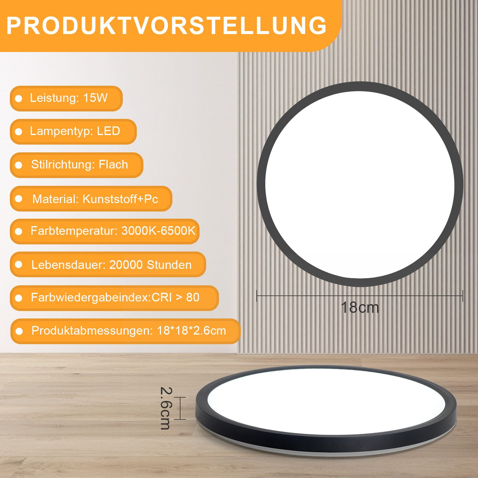 Eine runde weiße Deckenleuchte mit schwarzem Rand. Auf der linken Seite befinden sich Produktspezifikationen.
