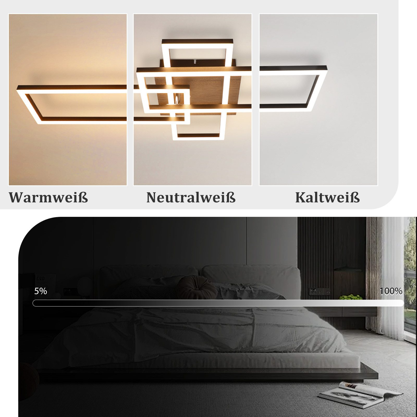 Trzy obrazy lamp sufitowych z różnymi ustawieniami światła. Poniżej, ustawienie ściemniania.