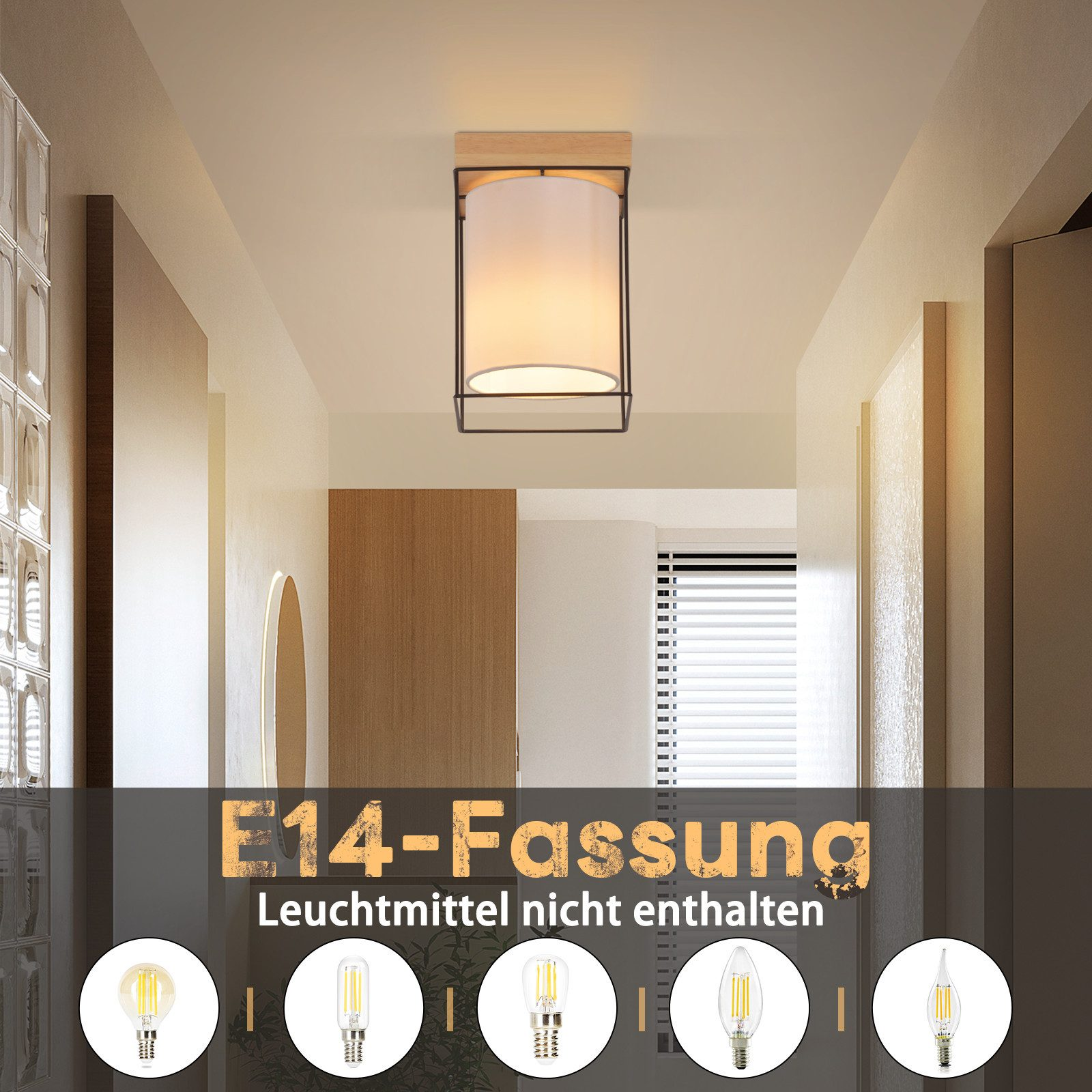 Luce a soffitto del corridoio. La luce ha una cornice in legno e un paralume cilindrico bianco.