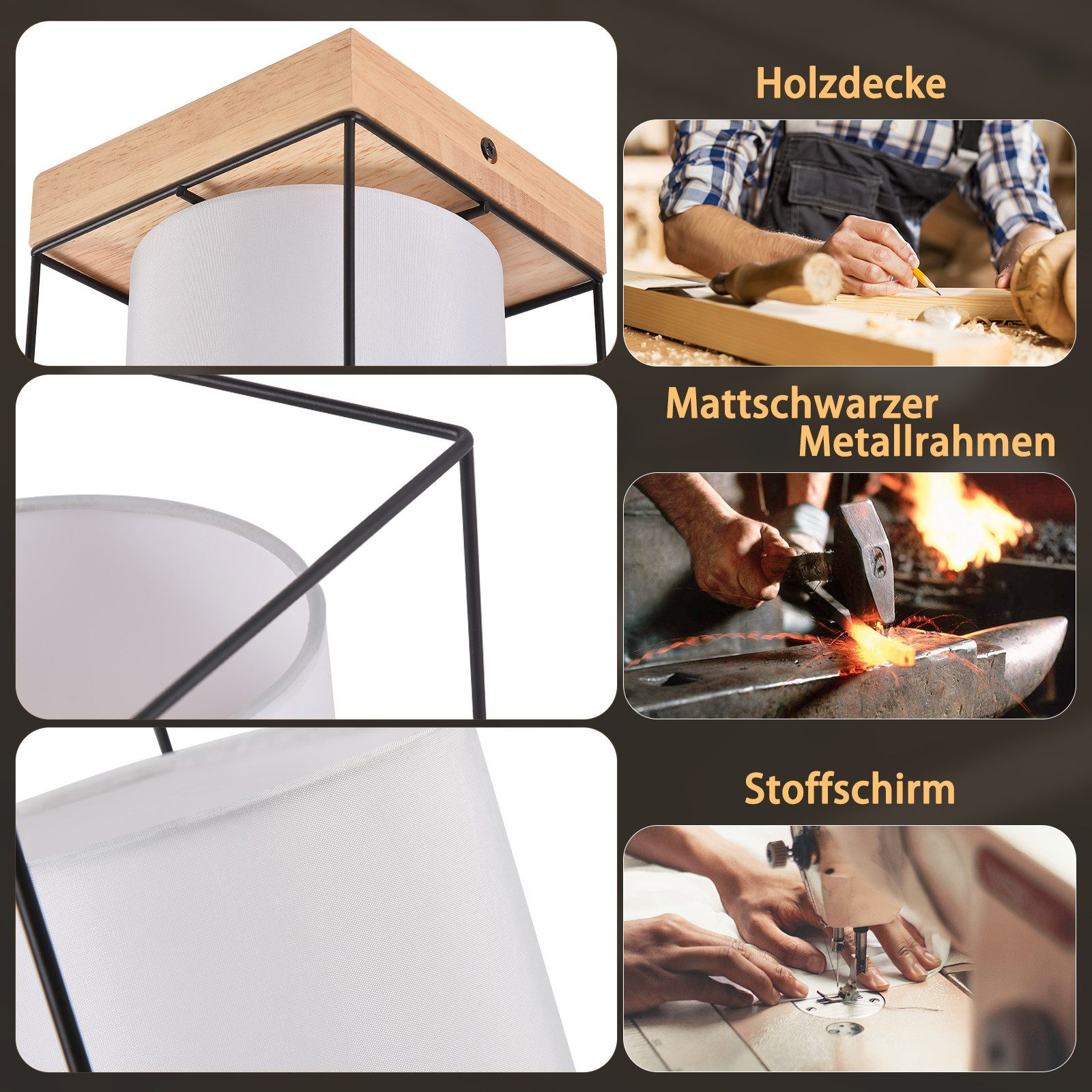 Un collage multi-immagine con una lampada, un carpentiere, un fabbro e una sarta al lavoro.