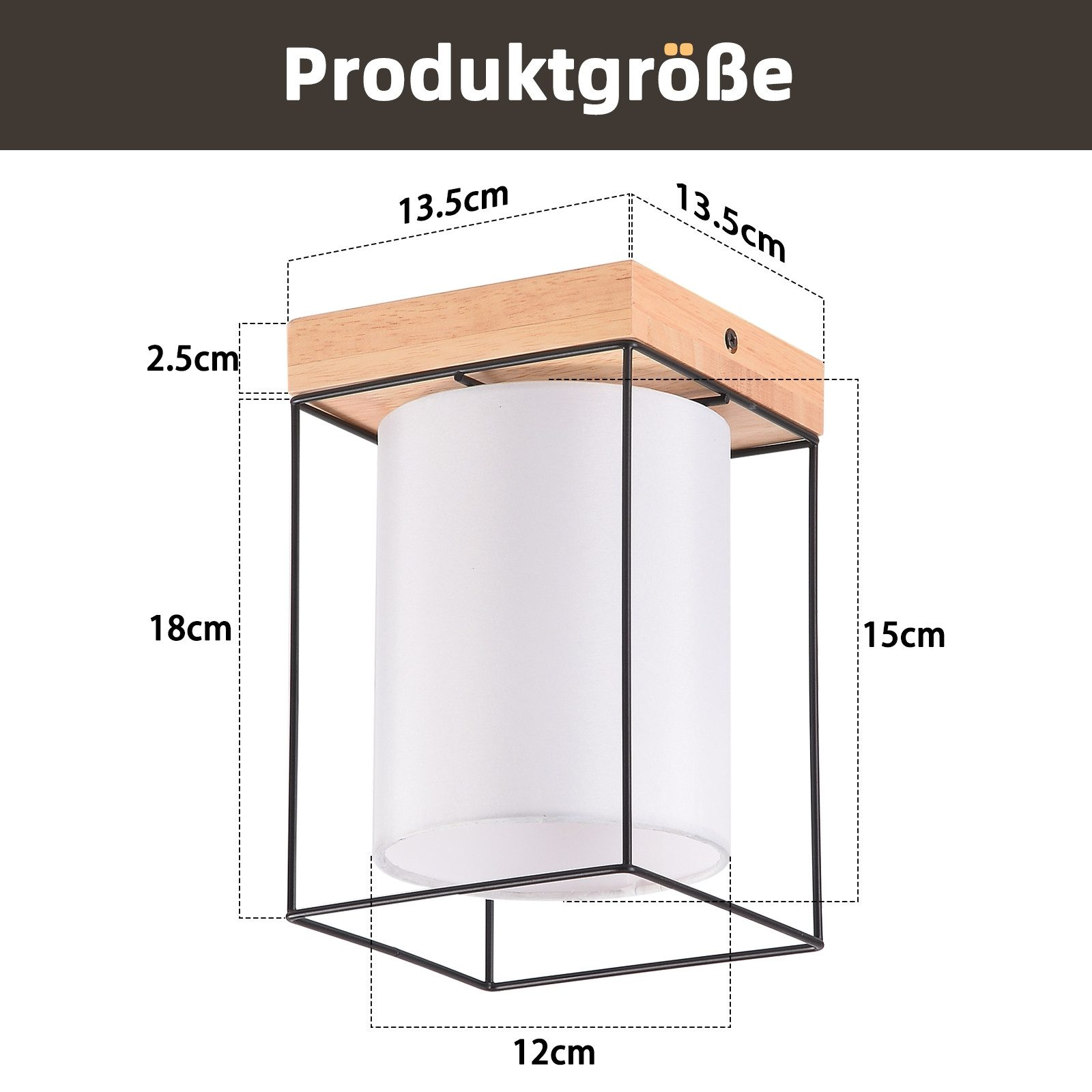 Apparecchio di illuminazione bianco e in legno con dimensioni. Le dimensioni sono in centimetri.