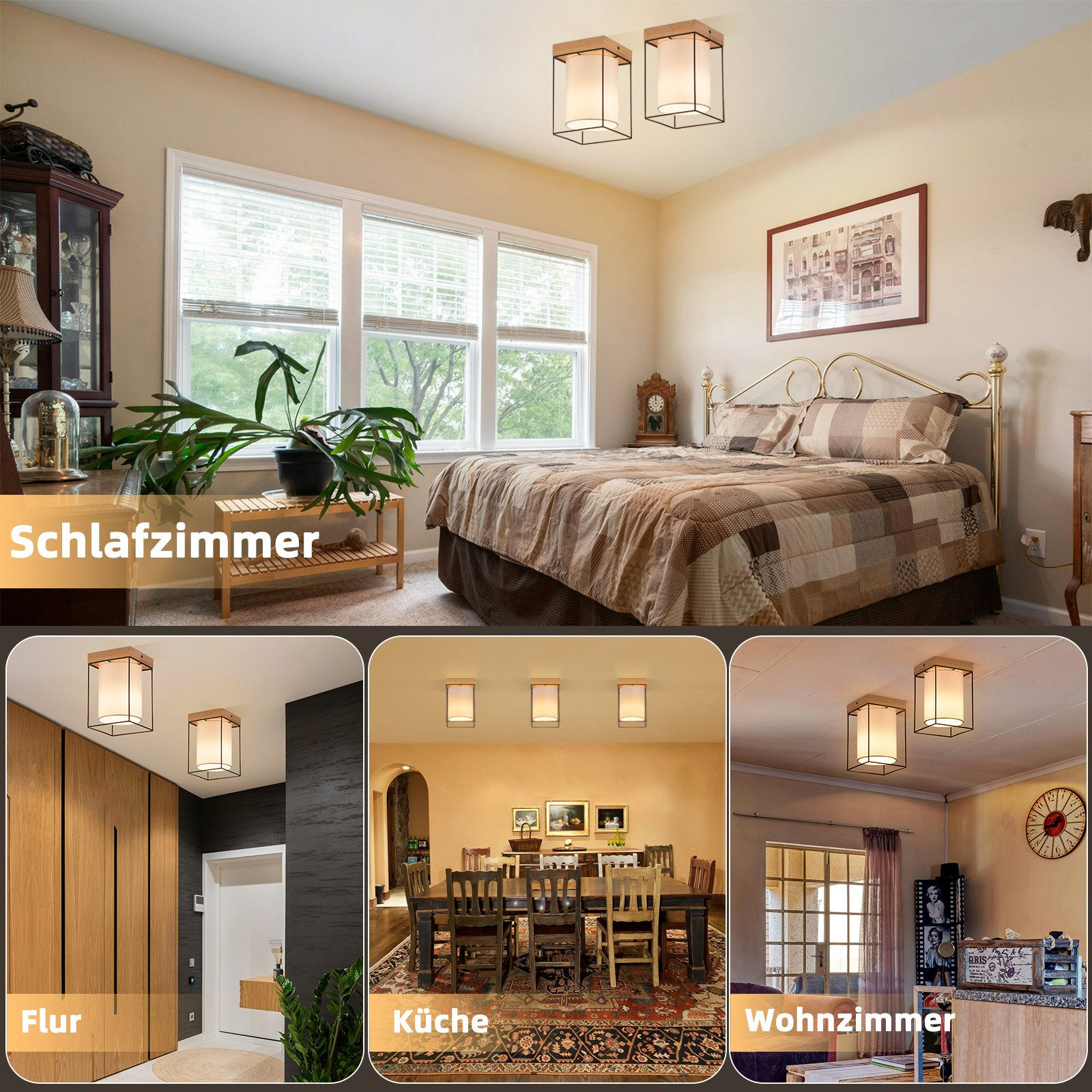 Immagini multiple di una stanza con luci a soffitto, che mostrano diverse ambientazioni.