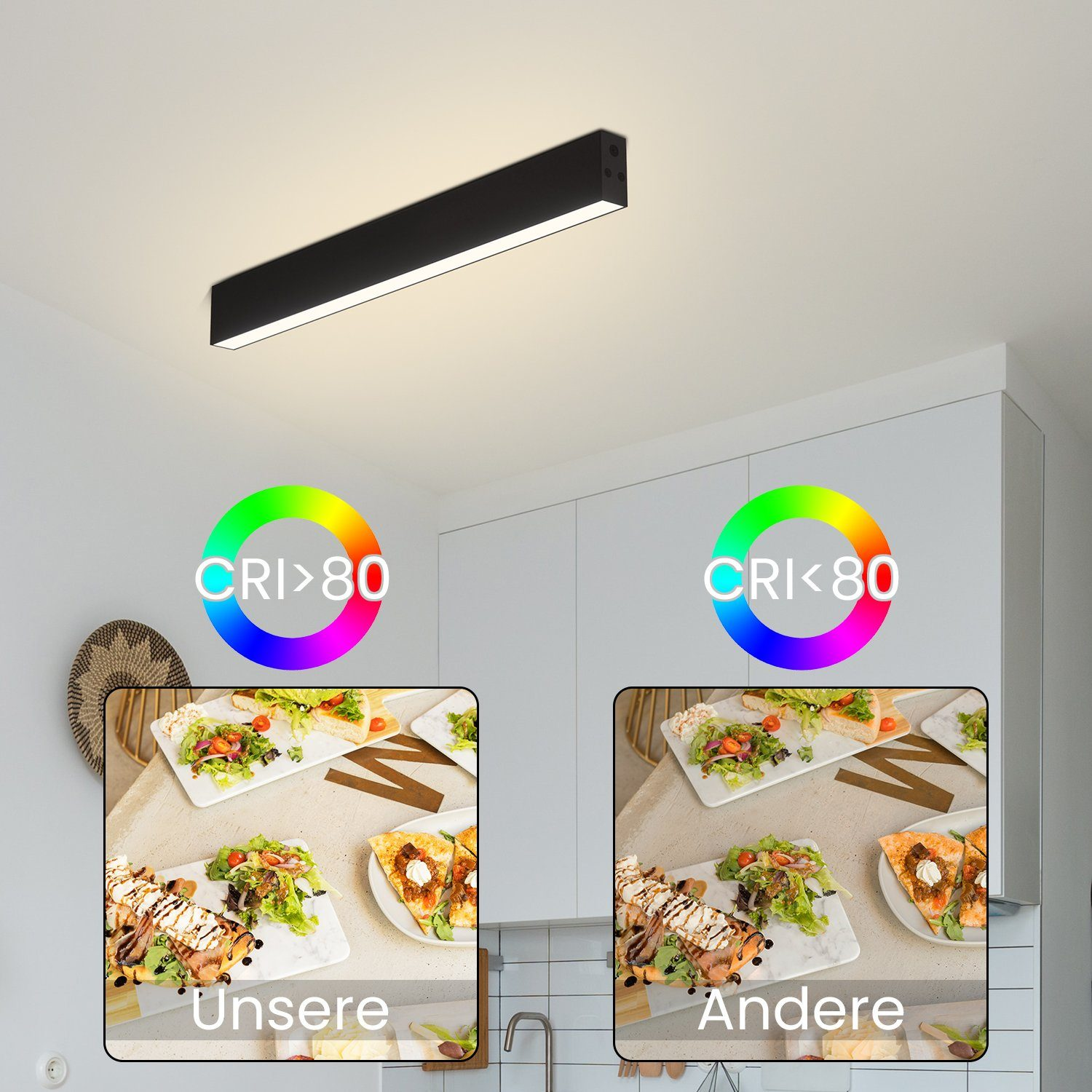 Una luce a soffitto rettangolare nera sopra piatti di cibo. Viene mostrato lo spettro dei colori.