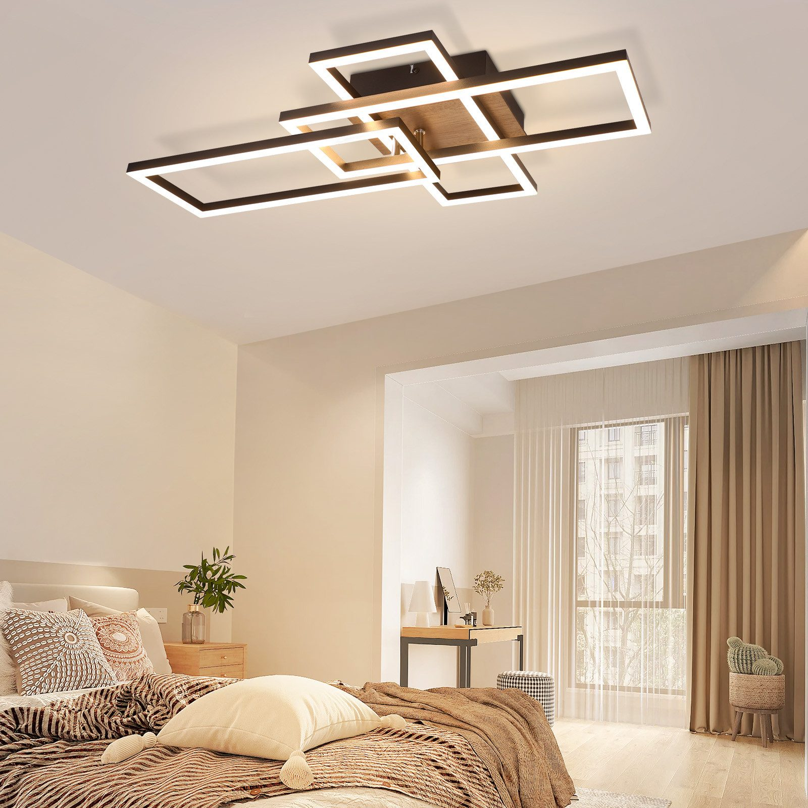 Nowoczesna lampa sufitowa, prostokątny design, brązowo-biała, w sypialni.
