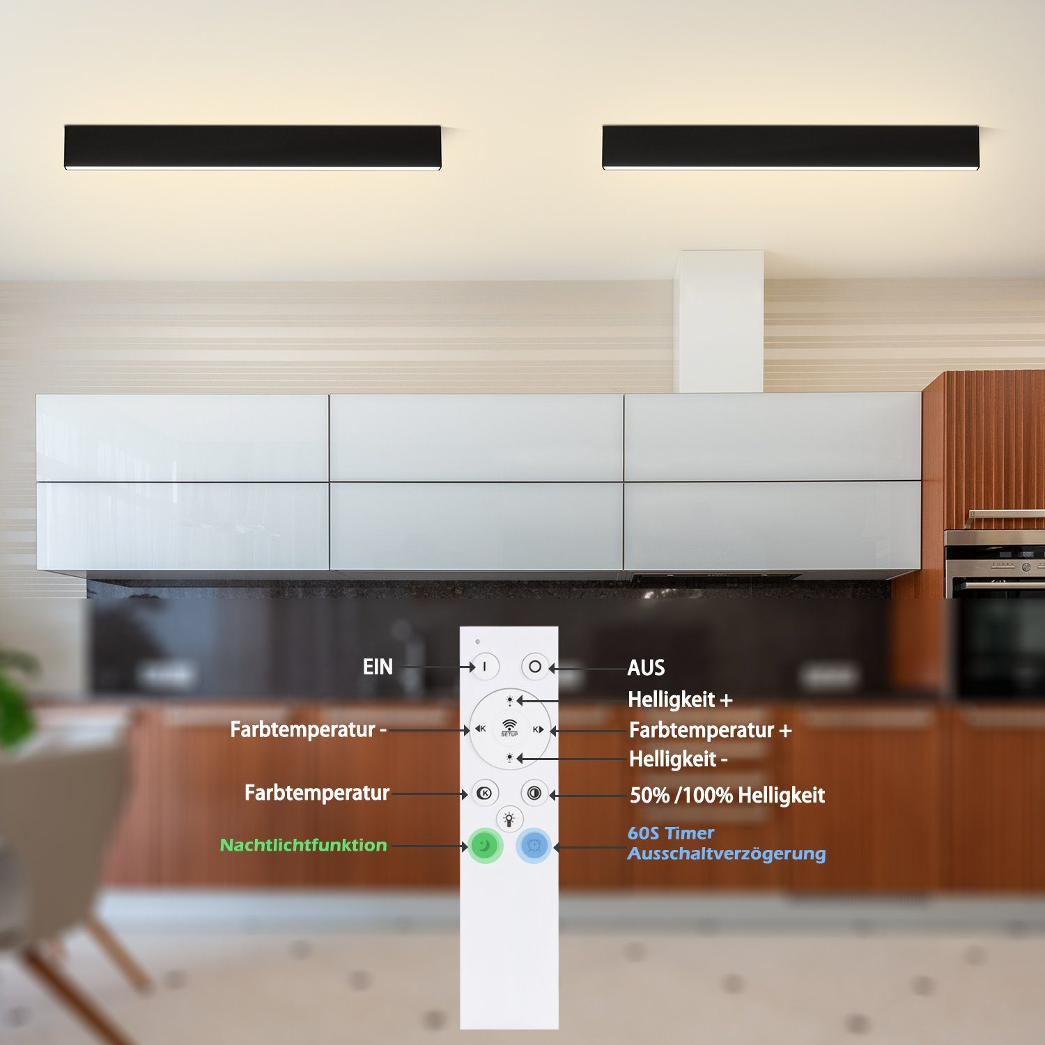 Cucina con due luci nere e telecomando con descrizioni, cappa bianca e armadi.