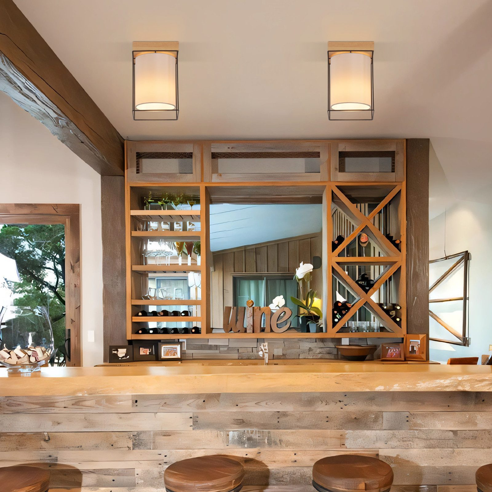 Area bar con bancone in legno, scaffali con bottiglie di vino e due lampade a sospensione.