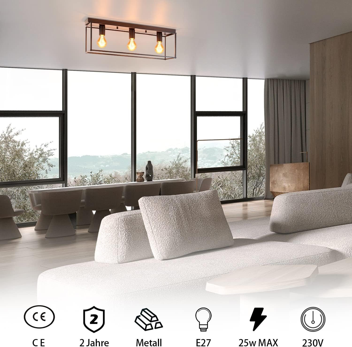 Prostokątna lampa sufitowa z trzema żarówkami w czarnej ramie. Nowoczesny design w pokoju.