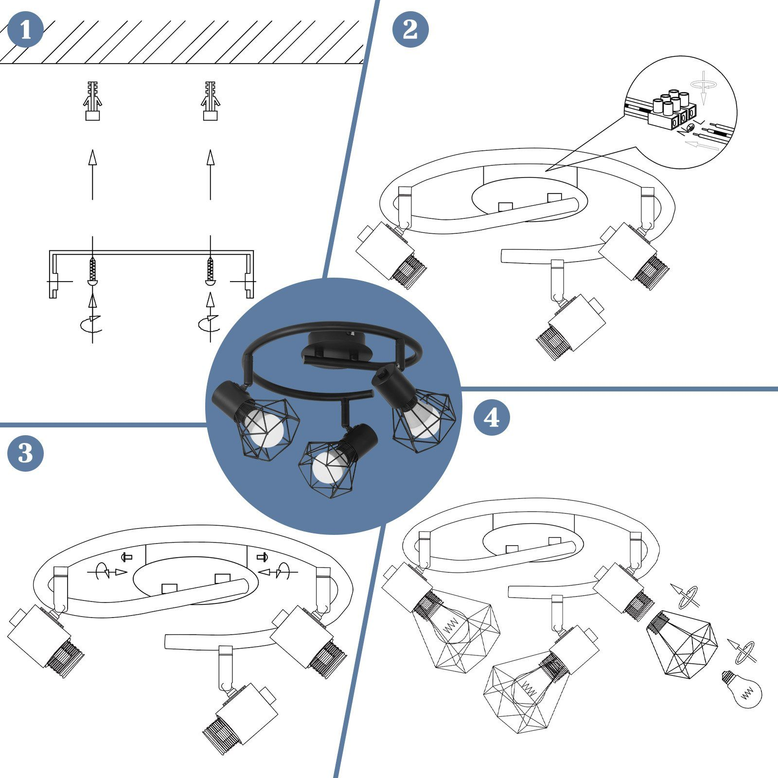 Schema che mostra le fasi per installare un faretto da soffitto in quattro fasi.