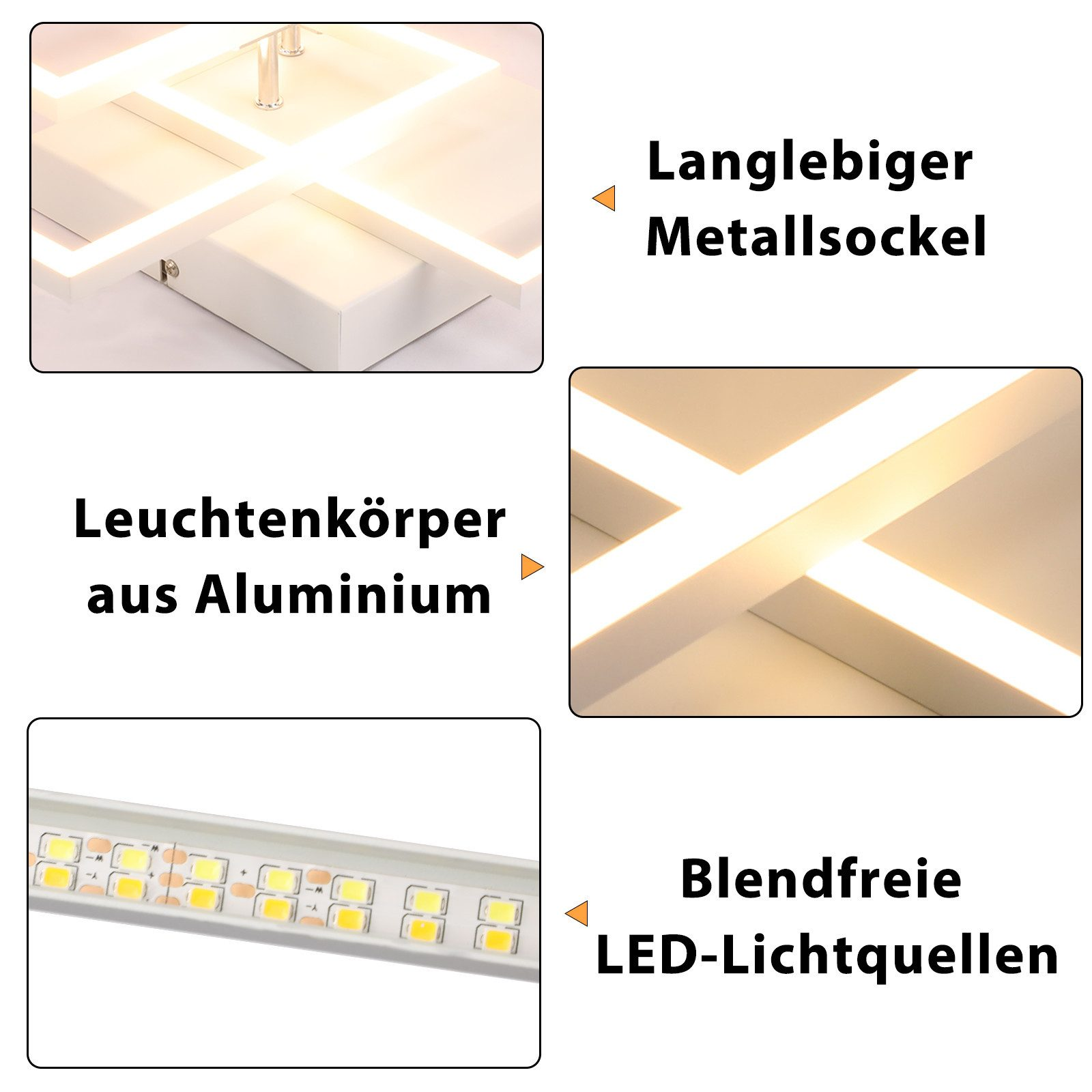 Biała kwadratowa lampa sufitowa z paskami LED. Zawiera zbliżenia aluminium, źródeł LED i metalowej podstawy.