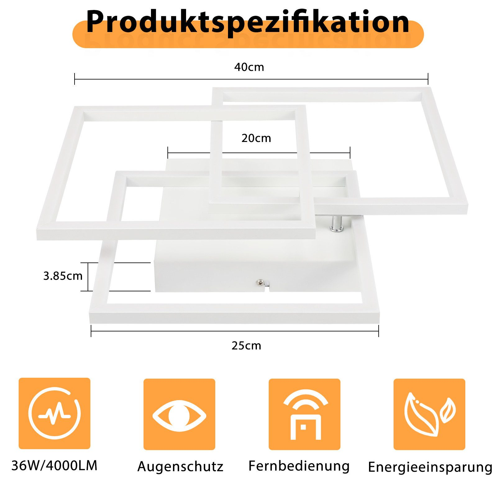Biała lampa sufitowa z wymiarami i ikonami funkcji.