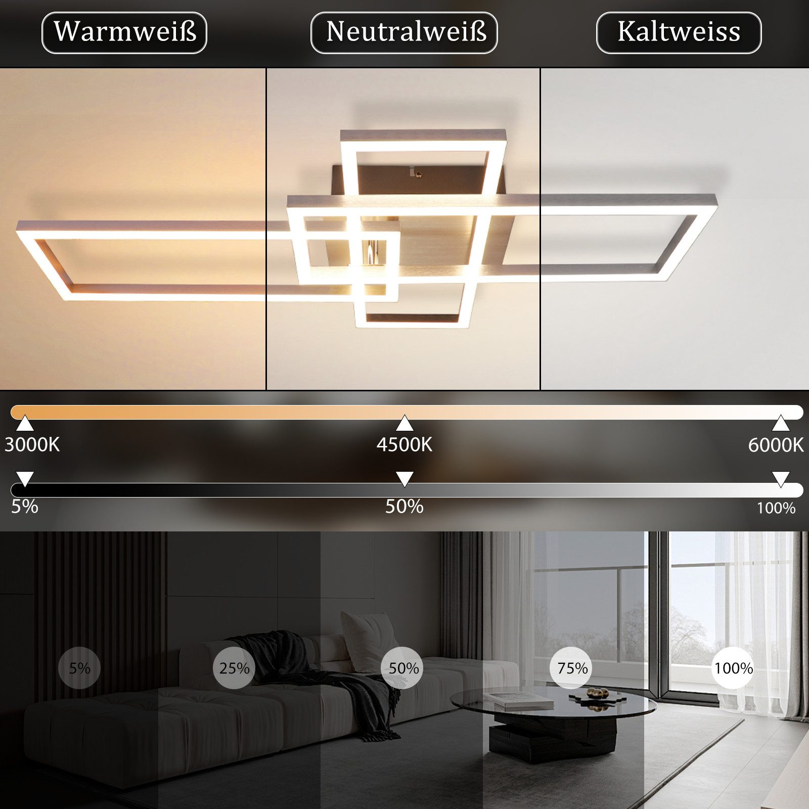 Sono mostrate tre diverse impostazioni di luce per una lampada da soffitto, bianco caldo, bianco neutro e bianco freddo.